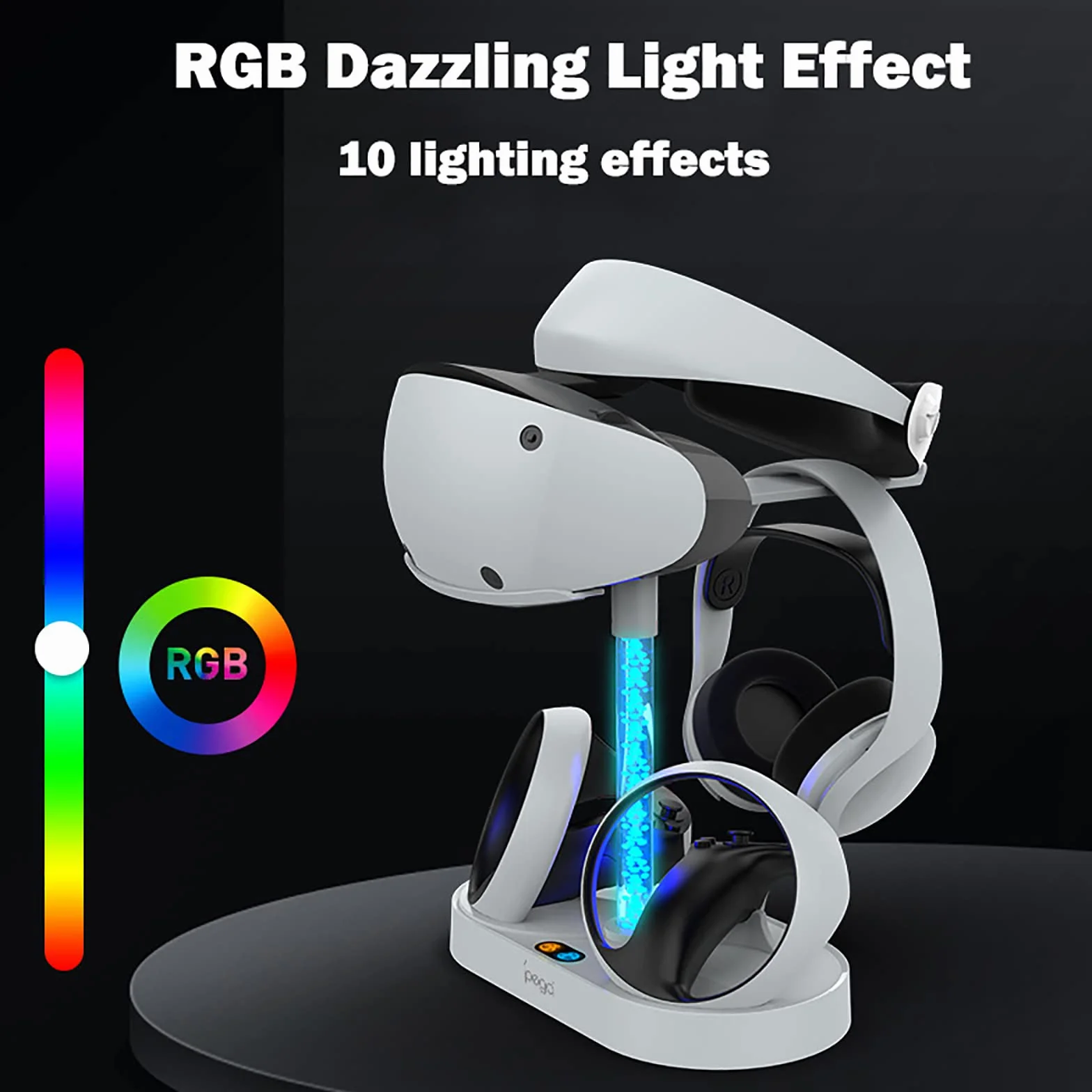 Sterowniki VR stacja ładująca kompatybilna z PS VR2, zestaw słuchawkowy i kontrolery, pionowa podstawa do przechowywania z 10 trybami oświetlenia RGB