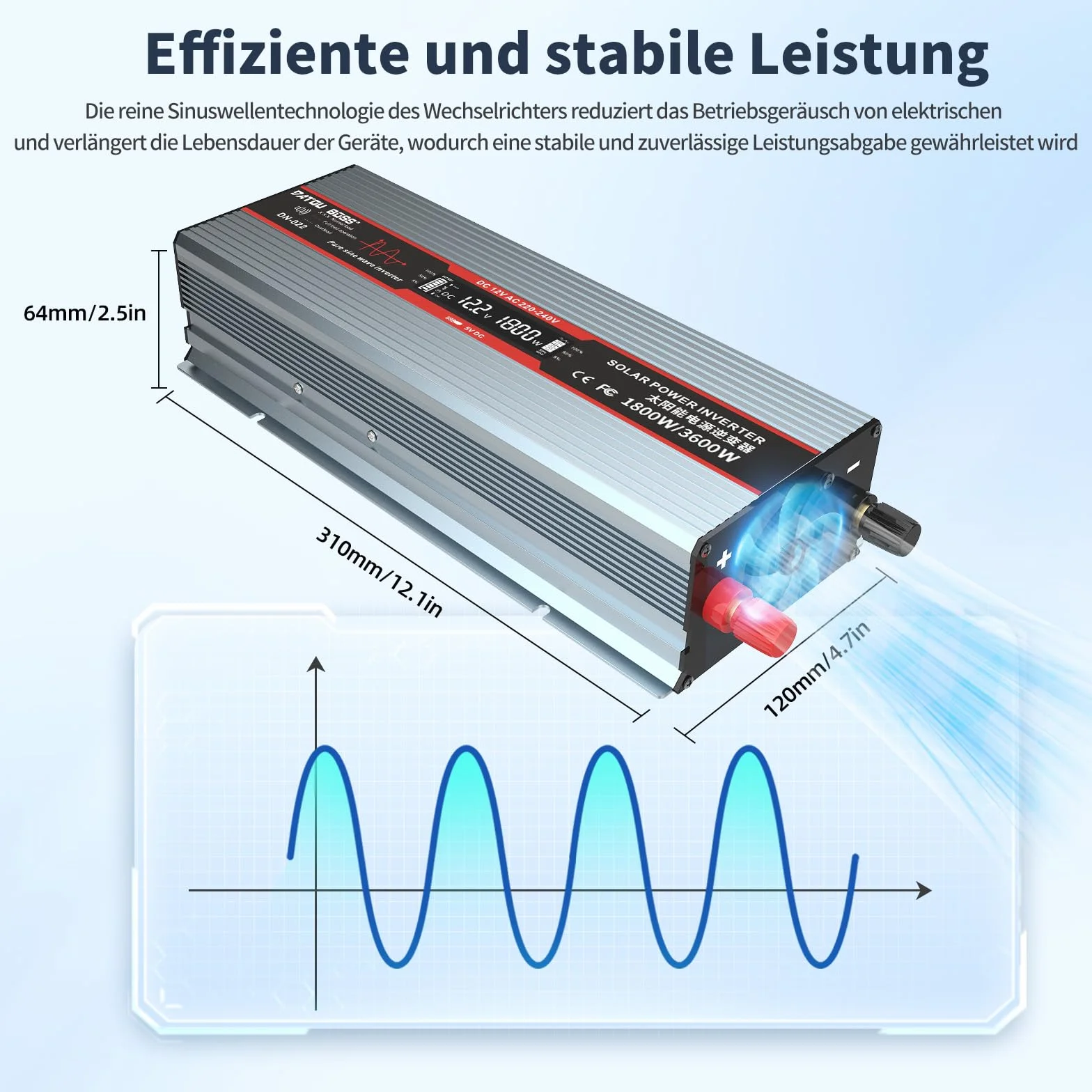 DATOUBOSS Przetwornica napięcia 12 V na 230 V, czysta sinusoidalna przetwornica napięcia 1800 W, moc szczytowa 3600 W z gniazdami UE, portami USB i wyświetlaczem LED, do urządzeń gospodarstwa domowego