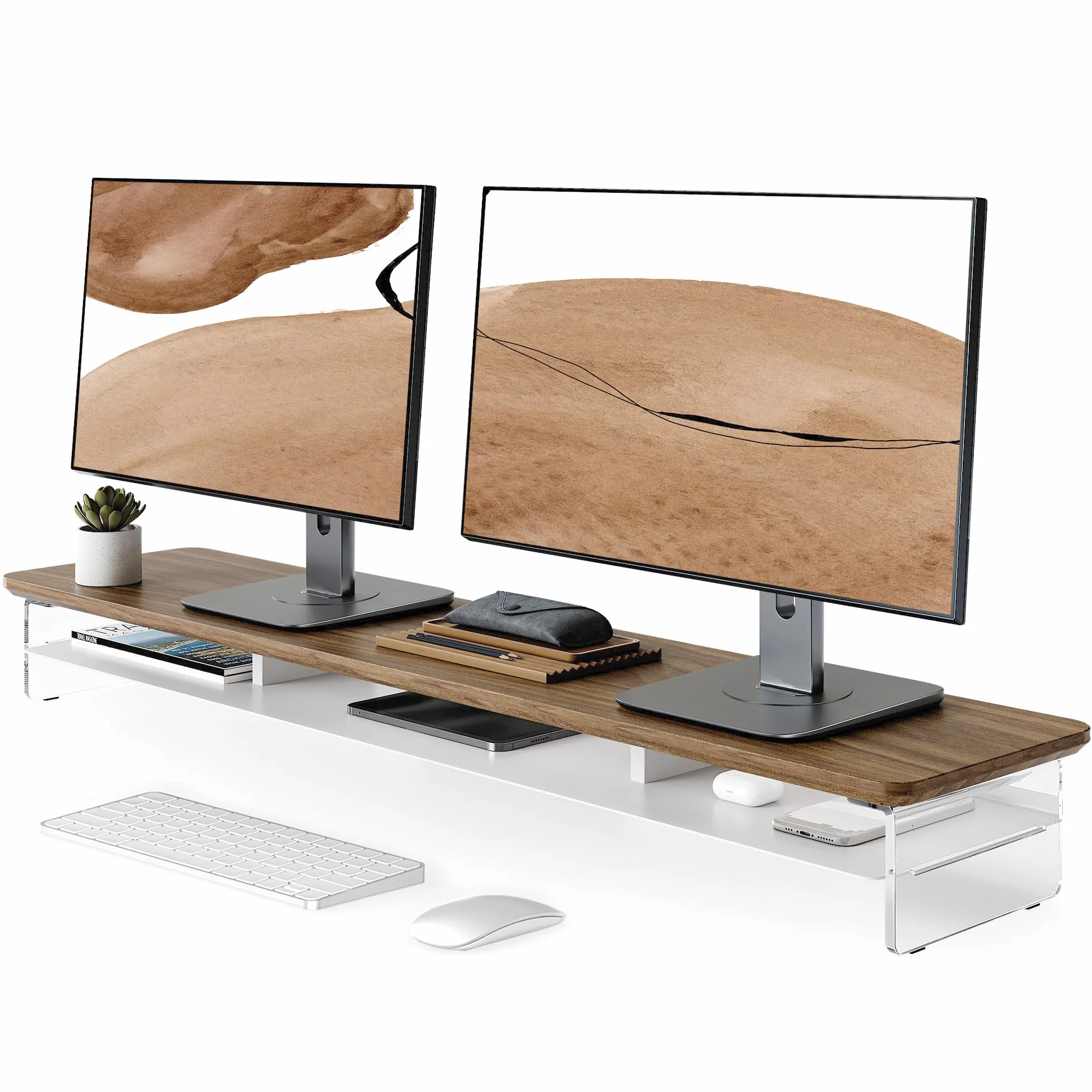 Fenge Akrylowy stojak na monitor Riser 108 cm, duży podwójny stojak na monitor z metalowym regałem, akcesoria biurkowe do laptopa/komputera/drukarki/ekranu TV, nośność 45 kg, brązowy