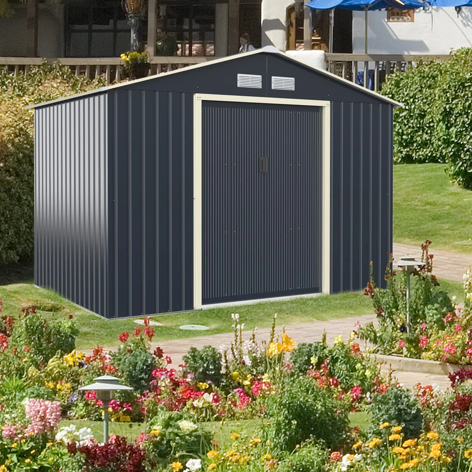 GOPLUS metalowy domek na narzędzia 7,06 m² 277 x 255 x 202 cm z drzwiami przesuwnymi dachem dwuspadowym