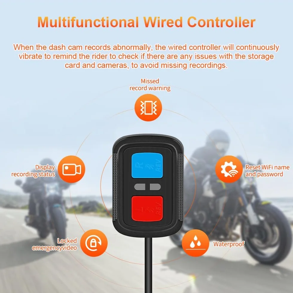 Kamera Motocyklowa VSYSTO WiFi, Monitorowanie Parkingu, GPS, Przednia i tylna Kamera 1080P, Szybkie Pobieranie Wideo, Przewodowy Kontroler, Ostrzeżenie Wibracyjne o Błędach (Q3DL)
