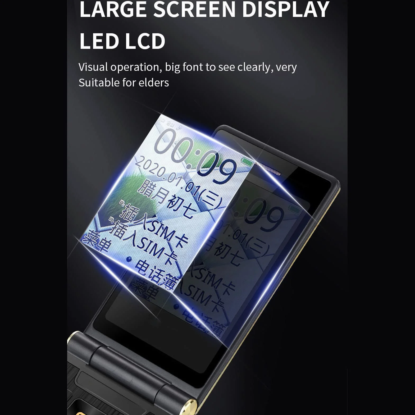 Telefon Komórkowy dla Seniorów, Podwójny Ekran, Dual SIM, Bateria 5900 MAh, Duże Przyciski, Wyraźny Głośnik, Latarka LED, Odblokowany Telefon Komórkowy dla Osób Starszych (Złoty