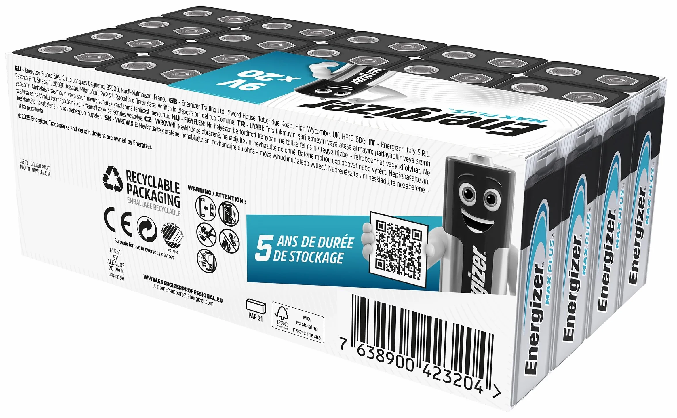 Energizer Max Plus 9 V baterie alkaliczne - opakowanie 20