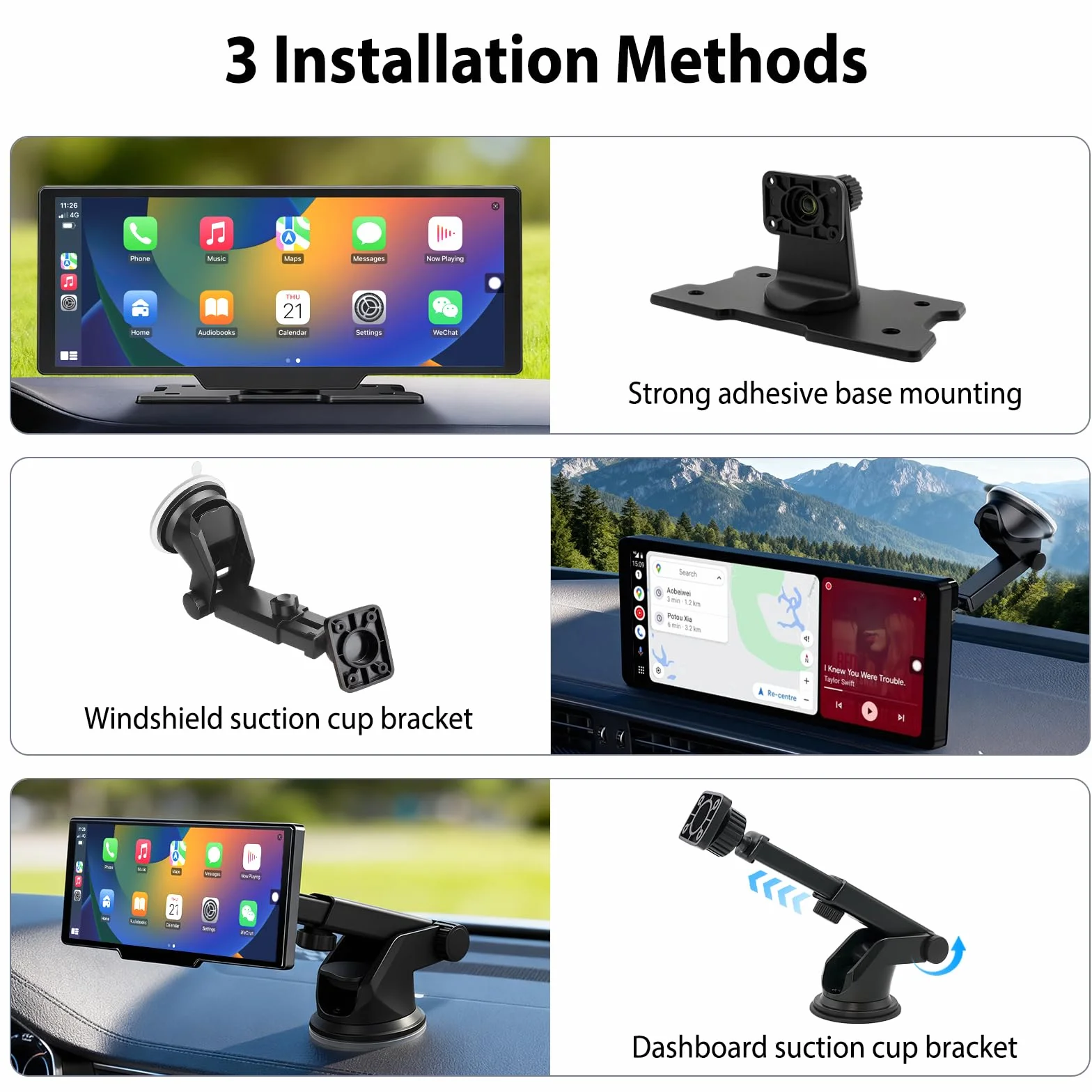 Bezprzewodowy ekran Carplay i Android Auto 26.1 cm, Apple Car Play z kamerą samochodową 4K i kamerą cofania, nawigacja GPS i sterowanie głosem, ekran Carplay do samochodów, SUV-ów, vanów (ADAS)