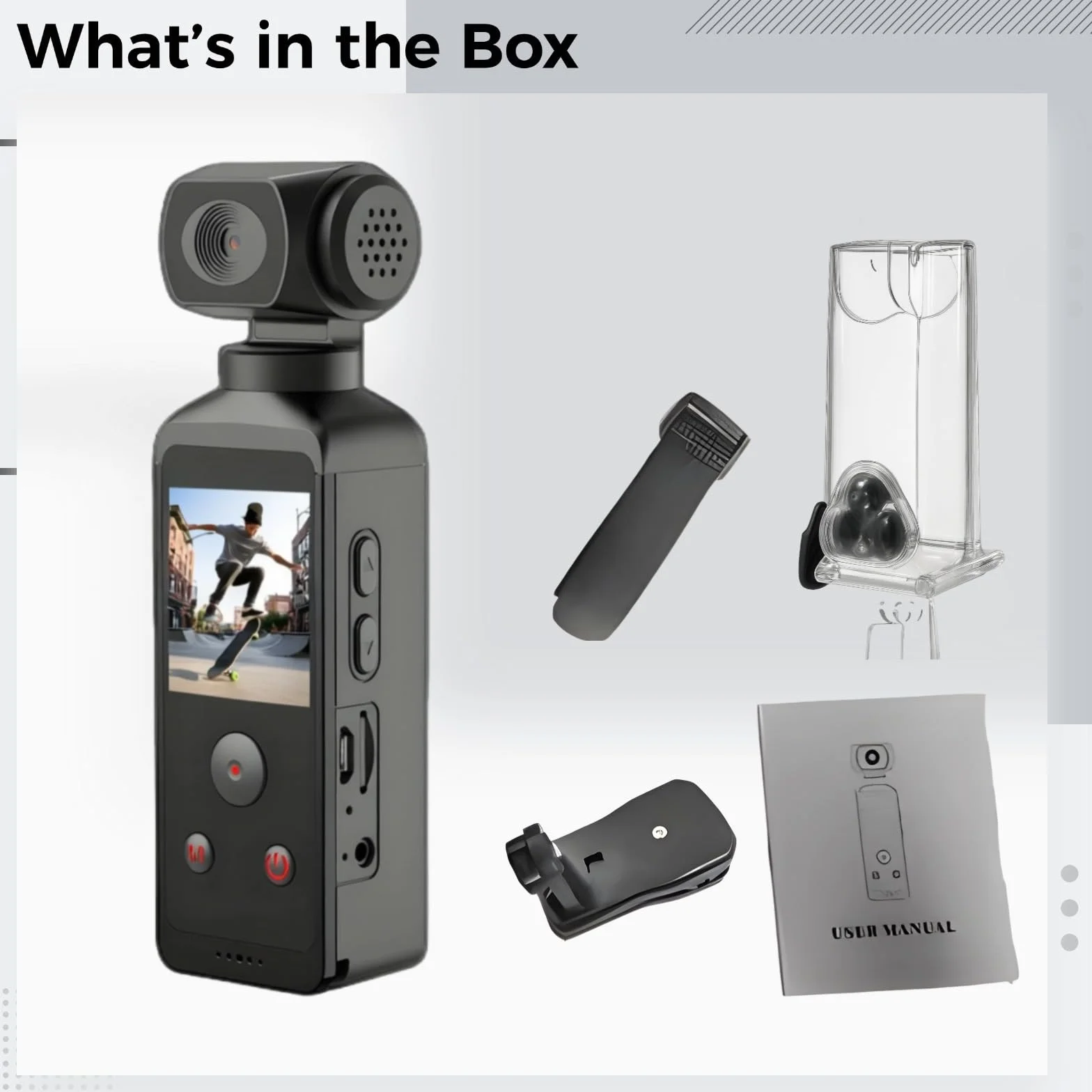 Kamera 4K Ultra High Definition 1080P, rozmiar kieszonkowy, obrotowy obiektyw 270°, przewód mikrofonowy o długości 36 m, wodoodporna obudowa, kamera sportowa do motocykla, 11,7 x 3,4 x 2,6 cm