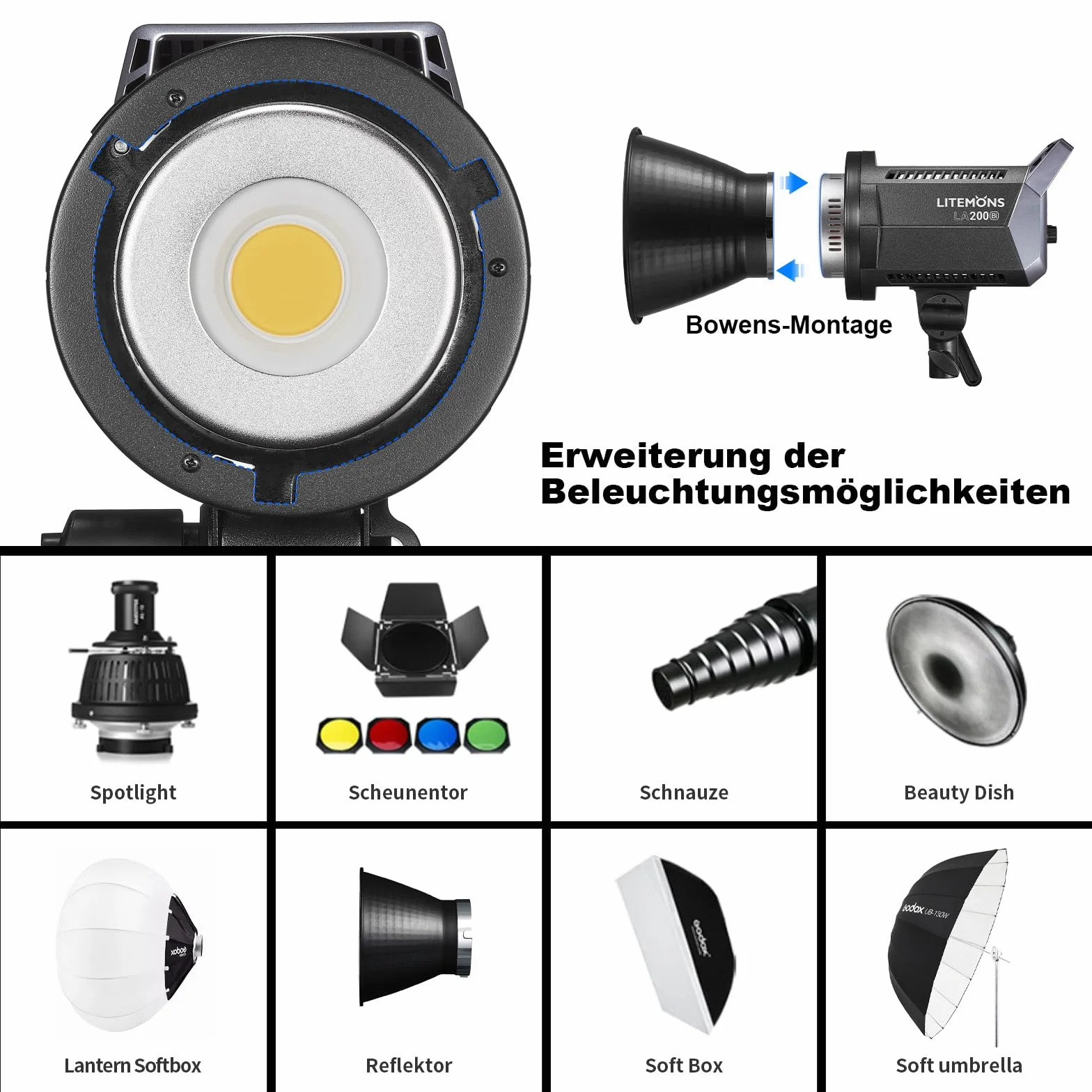 Godox Litemons LA200Bi 230w światło dzienne wideo, dwukolorowe studyjne światło ciągłe 5600K, CRI 96+ TLCI 97+, 101000lux z 8 efektami FX Mocowanie Bowens i sterowanie APP do transmisji na żywo, wideo
