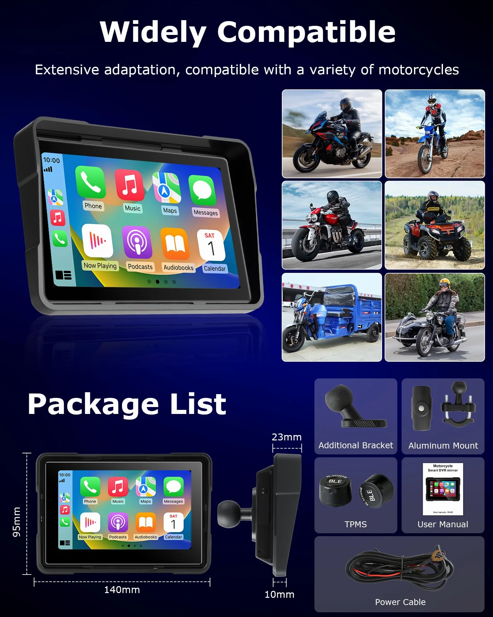 Jansite Carplay Moto Android Auto Screen z TPMS, 5-calowy ekran dotykowy Moto Navigator Wodoodporny IP67 CarPlay i Android Auto Wireless, nawigacja GPS, Siri Goo-gle
