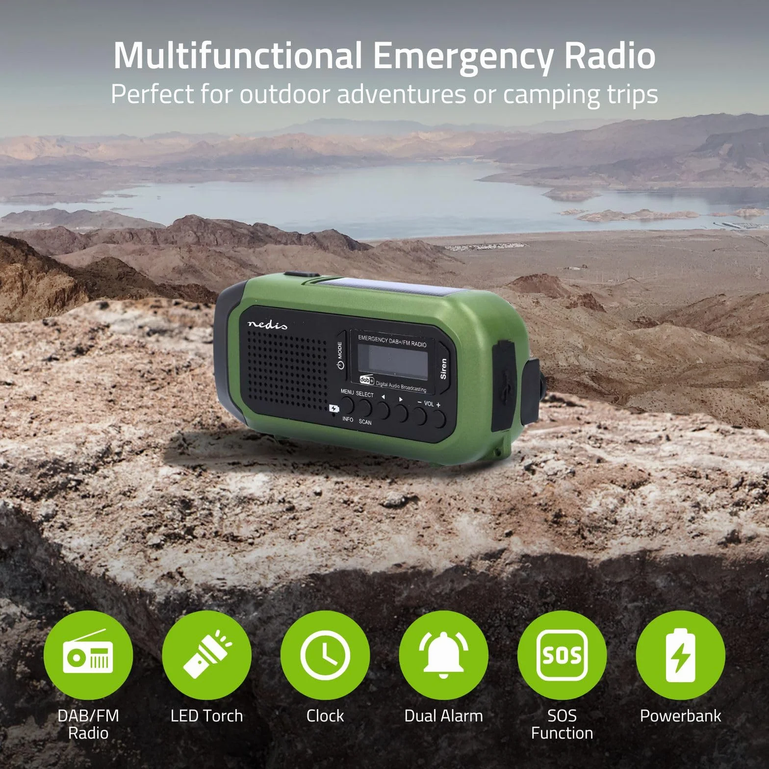 Radio awaryjne – wersja przenośna – DAB+/FM – zasilanie bateryjne/korba ręczna/zasilanie energią słoneczną/zasilanie przez USB – budzik – zielony/czarny