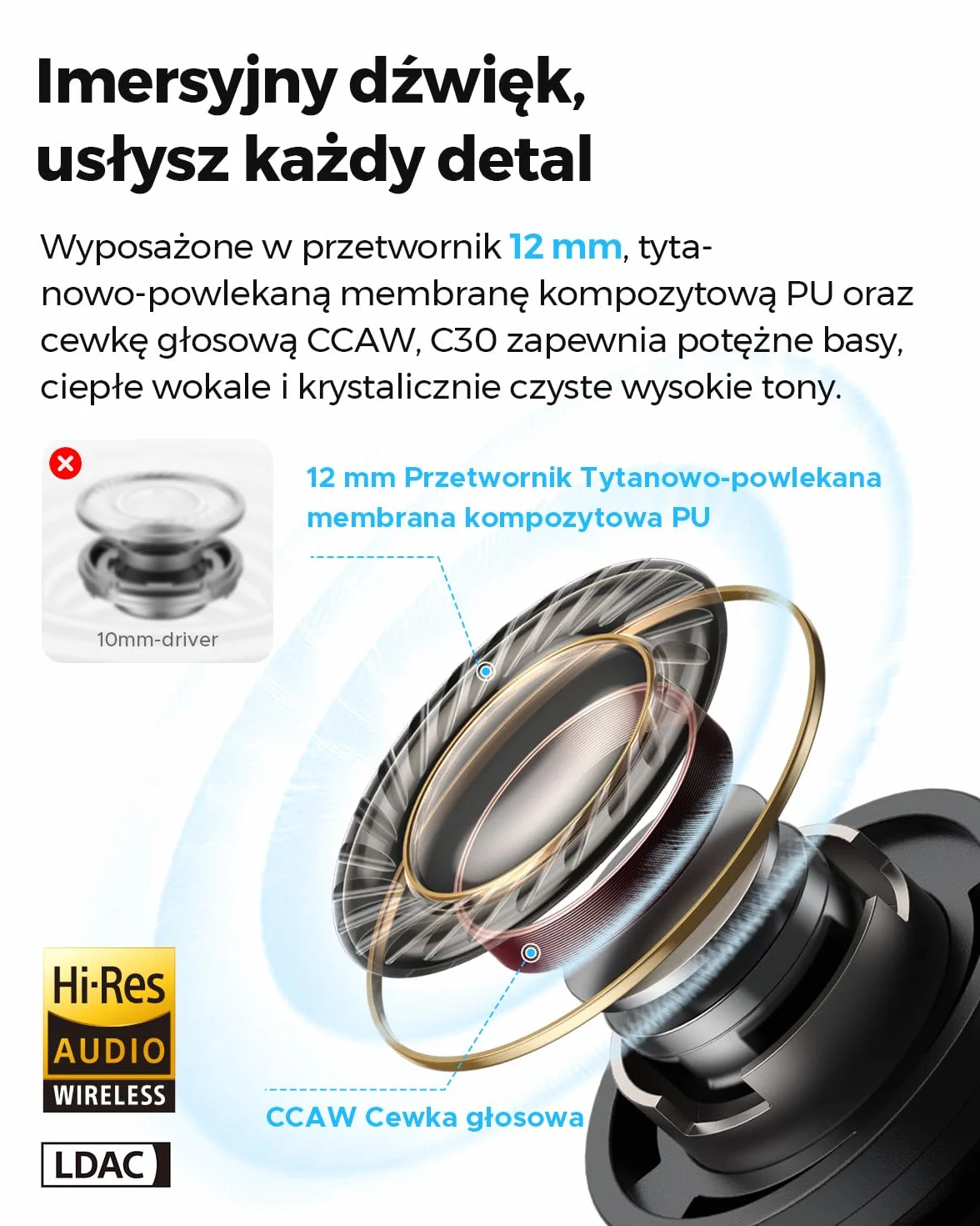 SOUNDPEATS C30 Bluetooth 6.0 Hybrydowe Bezprzewodowe Słuchawki Douszne z Aktywną Redukcją Szumu ANC 52dB i Certyfikacją Hi-Res Audio LDAC 12mm Duże Przetworniki 52h Odtwarzania 6 Mikrofonów Czarny
