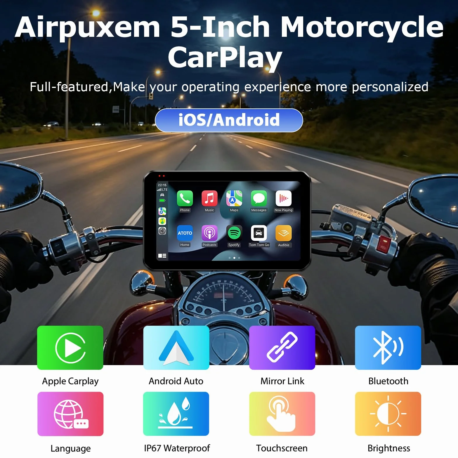 5-calowy motocykl Carplay Android Auto Display GPS Siri/GOO-gle Assistant | Obsługa Bluetooth IP67 Full Body Waterproof Motocyklowe urządzenia nawigacyjne