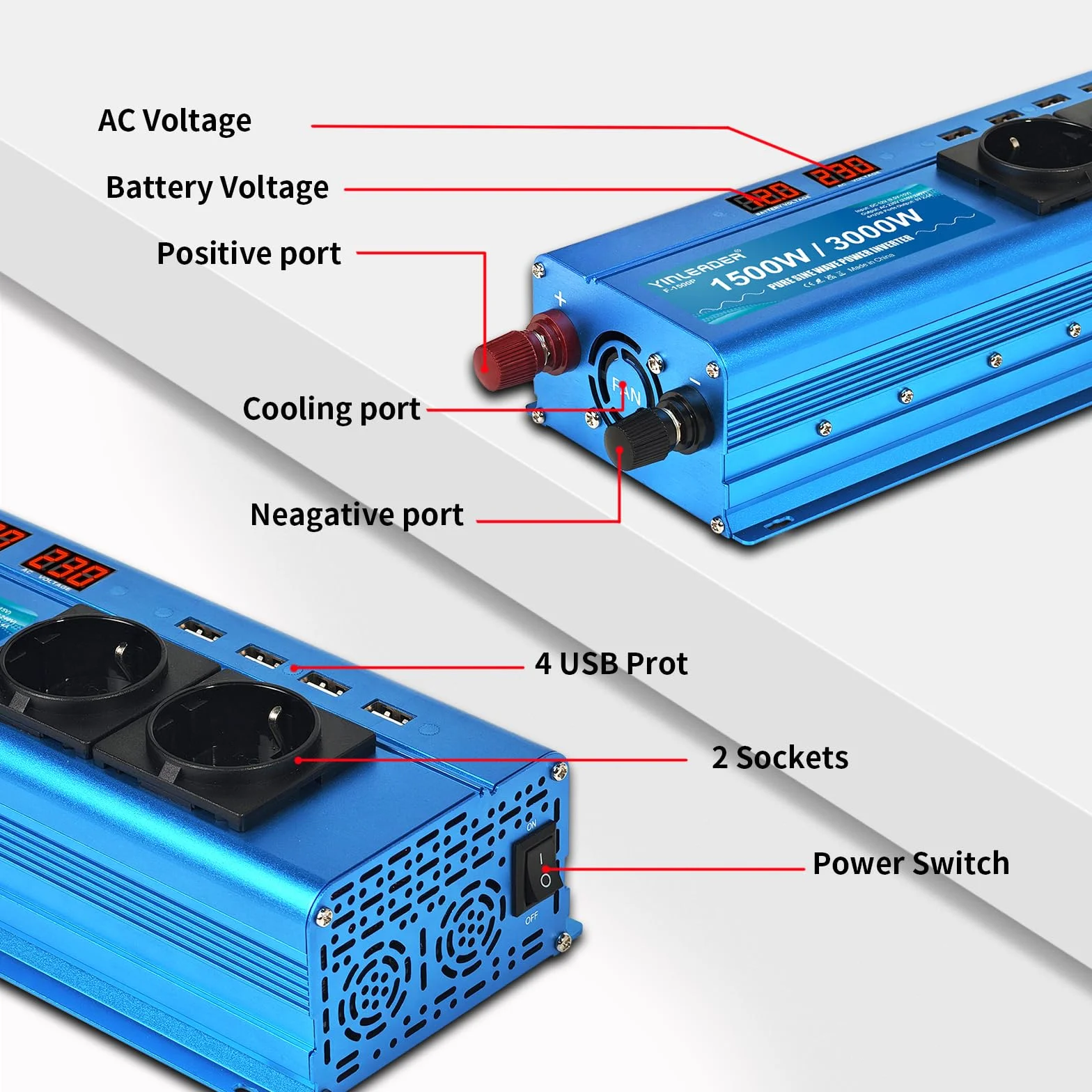 Yinleader Konwerter 12 V, 220 V, czysty sinus, 1500 W, 3000 W, czysta moc Sinus, 2 x gniazdo USB
