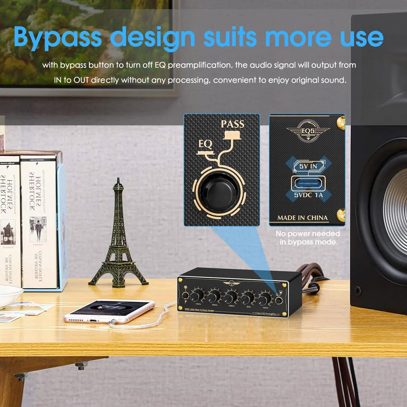 Douk Audio EQ5 mini przedwzmacniacz 5-pasmowy EQ przedamp stereo, analogowy equalizer, przenośny procesor audio do domu/samochodu (EQ5)