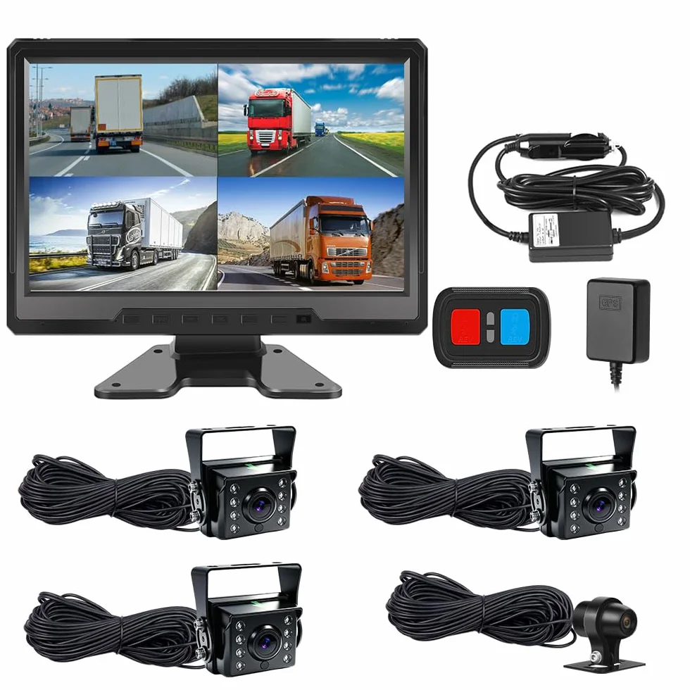 VSYSTO 4-kanałowy system kamery 1080P, 10.1 calowy wyświetlacz, rejestrator jazdy, symbol cofania, noktowizor, regulowana jasność wyświetlacza, nadaje się do ciągników, przyczep kempingowych (10,1 caly+1080Pkamera*4)
