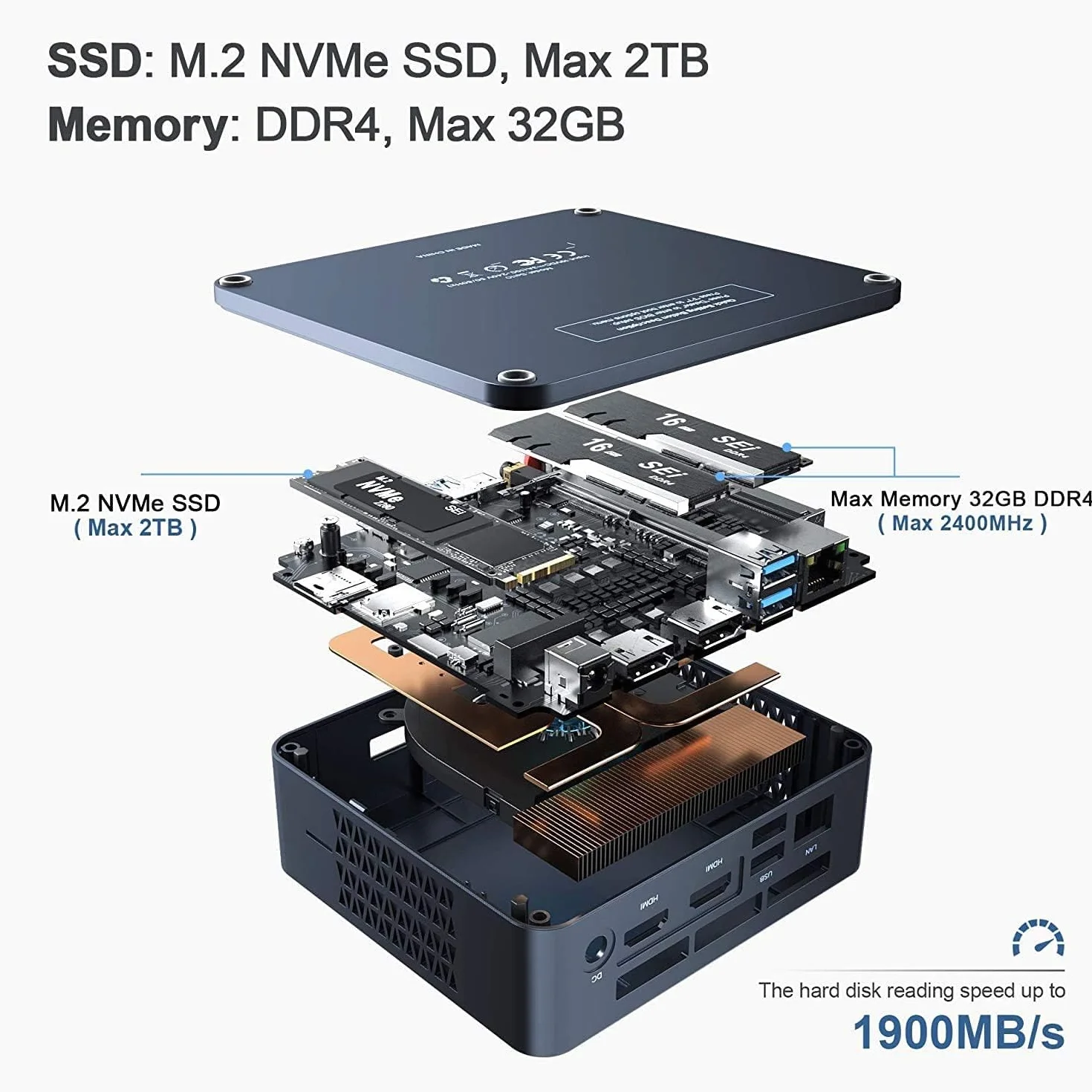Beelink SEi 8279U Mini PC z Windows 11 Pro, Intel Core i5-8279U, UHD 4K, pamięć RAM 16 GB DDR4, SSD NVMe 500 GB, gniazdo SATA3, Wi-Fi 5 AC, Gigabit Ethernet, Bluetooth 5.0, 2 x HDMI, VESA,