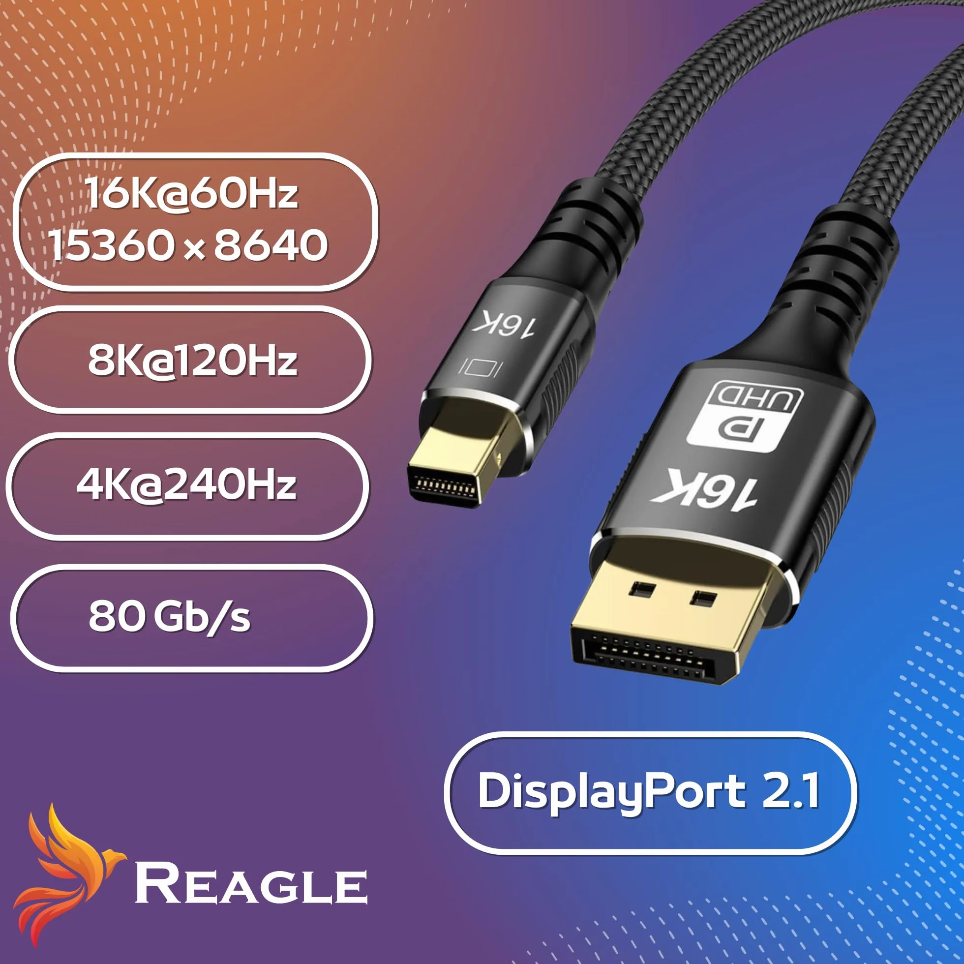 Reagle Kabel Mini DisplayPort DP 2.1 PRO 16K 4K 144 Hz 3M Oplot Nylonowy Pozłacany Wtyk