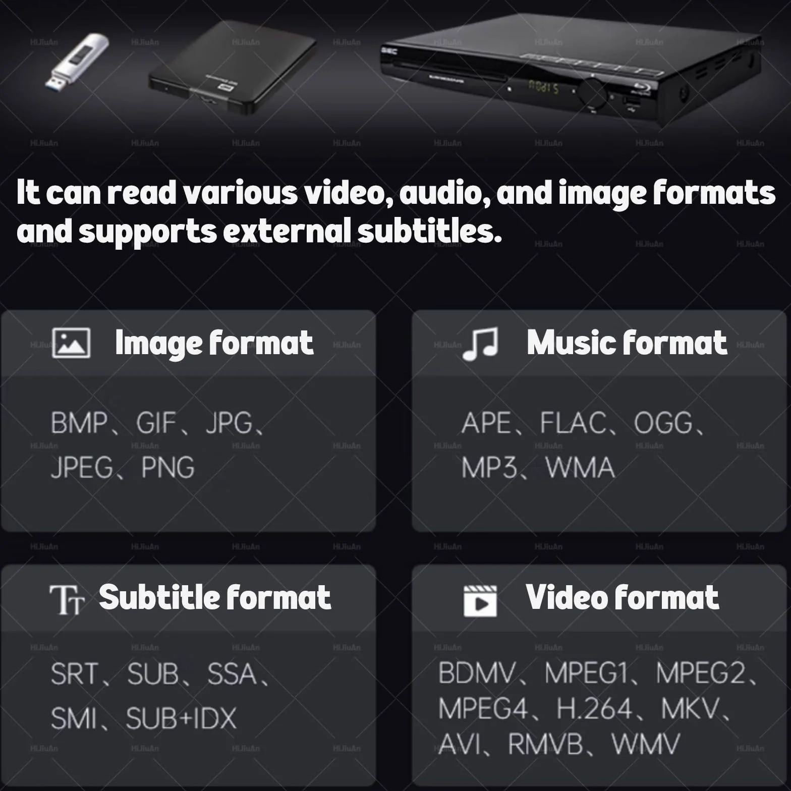 Odtwarzacz DVD, odtwarzacz Blu-ray 1080P HD, odtwarzanie płyt bez regionu, wyjście HDMI i koncentryczne, zwiększona wydajność wizualna, obsługuje formaty DVD, CD i VCD