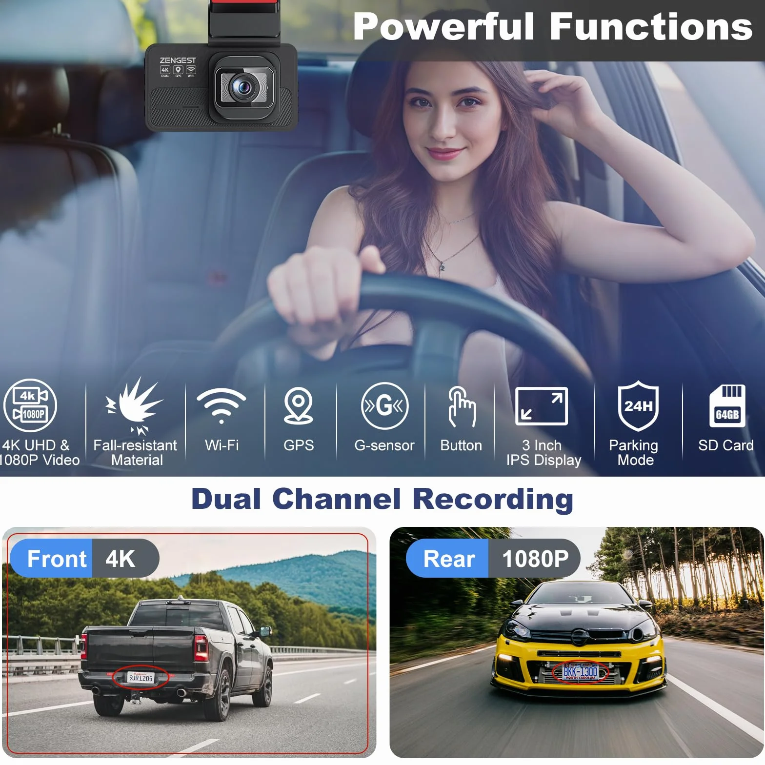 Podwójna kamera samochodowa 4K z przodu i z tyłu, Wi-Fi GPS, ekran dotykowy IPS 7.6 cm, w zestawie karta 64 GB, rejestrator jazdy samochodem z noktowizorem, szeroki kąt 170°, tryb parkowania 24H,