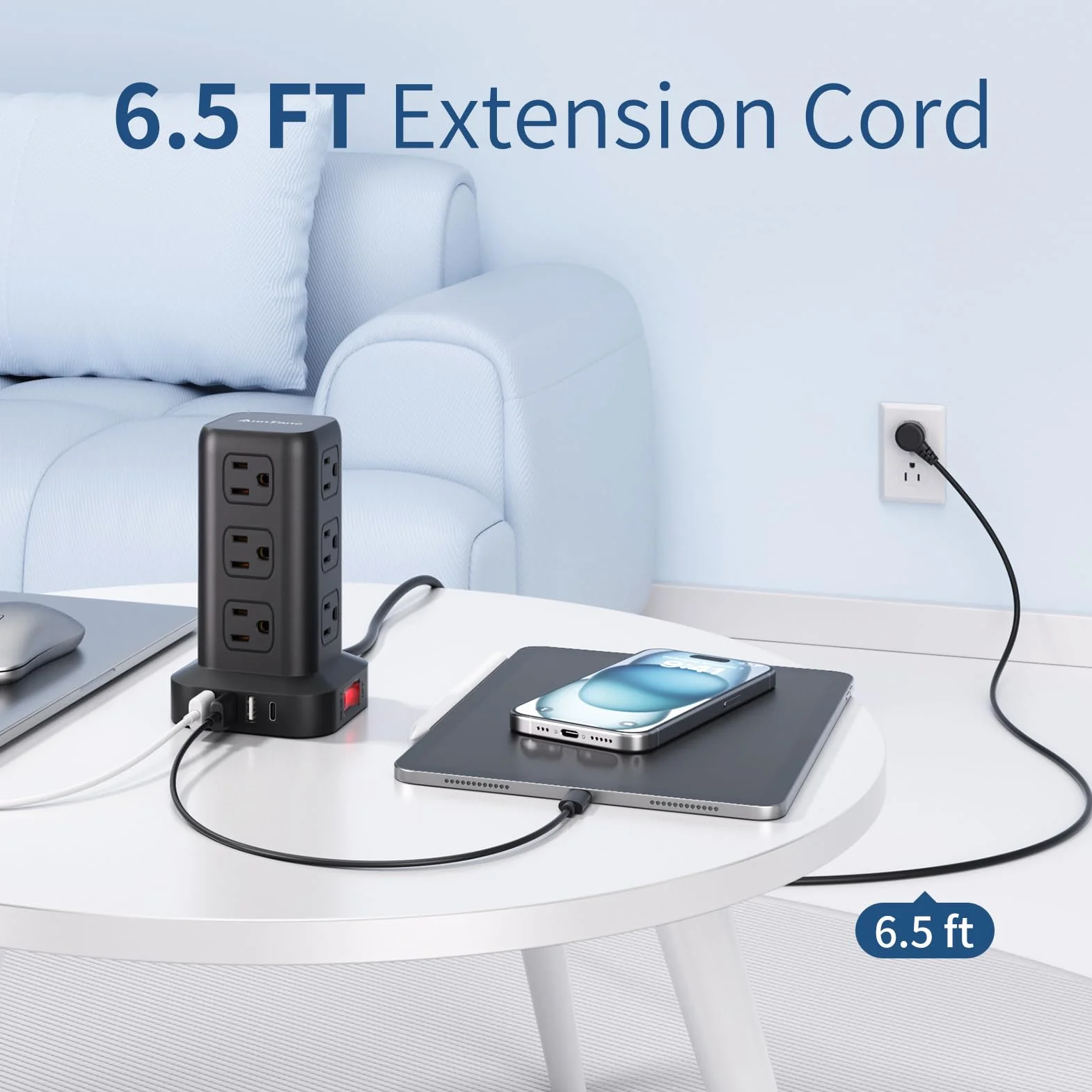 AnnTane - Listwa zasilająca z ochroną przeciwprzepięciową 1,8 m, listwa zasilająca z 4 portami USB (1 USB C), przedłużacz z 12 gniazdami prądu zmiennego,
