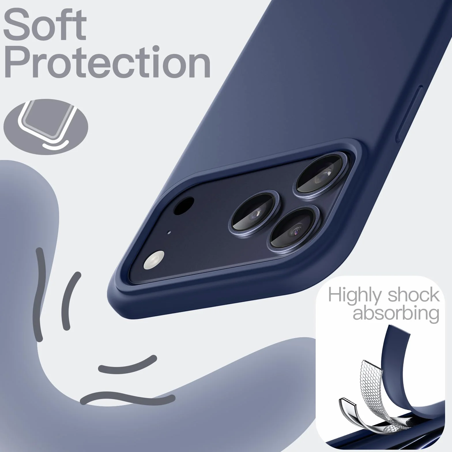 JETech Etui z Płynnego Silikonowe dla iPhone 17 Pro 6,3 Cala, Jedwabiście Miękkie w Dotyku Ochrona Całego Ciała, Obudowa Telefonu na Zarysowania Osłona z Podszewką z Mikrofibry (Ciemnoniebieski)