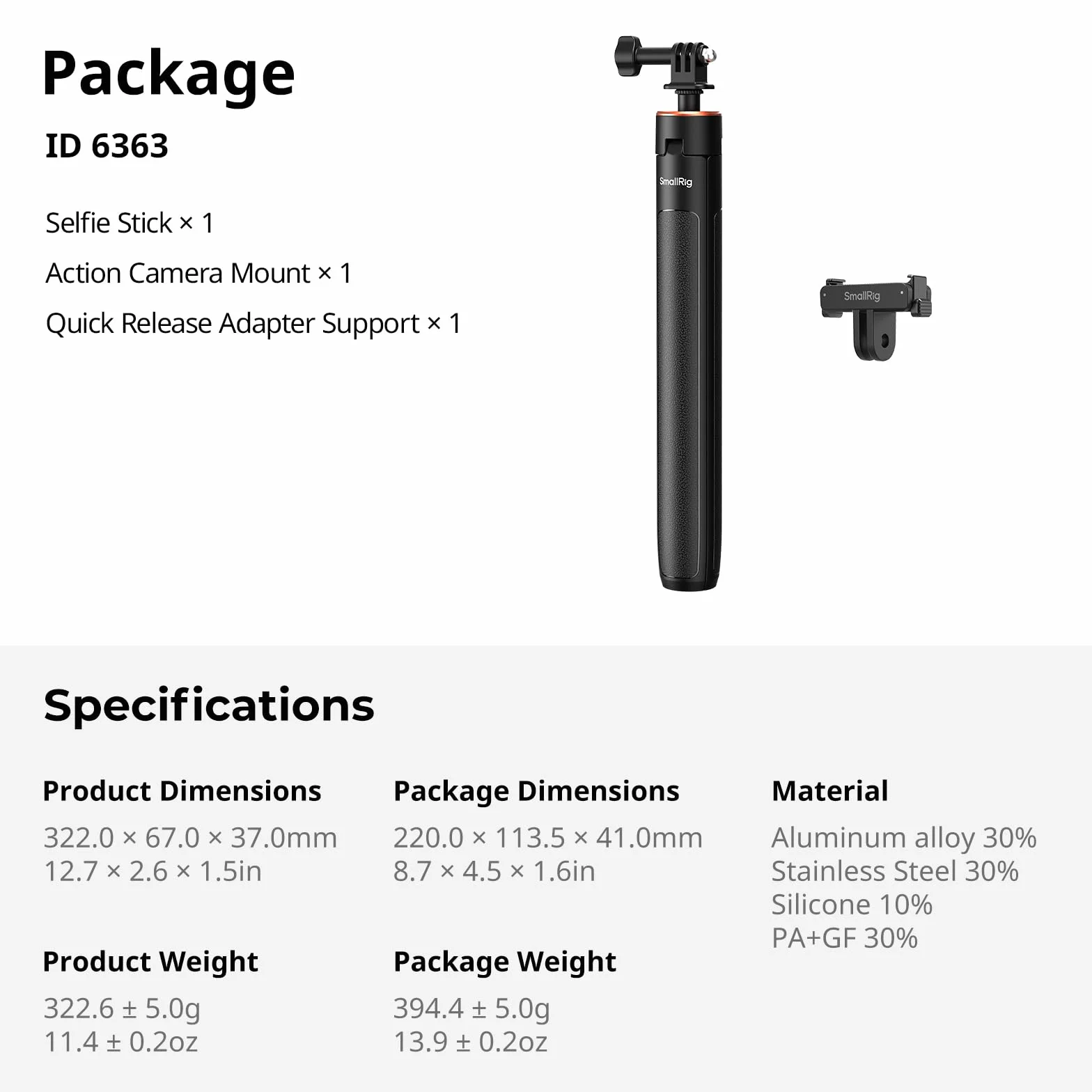 SMALLRIG Wspornik do selfie sticka do DJI Osmo Action 6 / Nano (1,5 m / 4,9 stopy) 6363