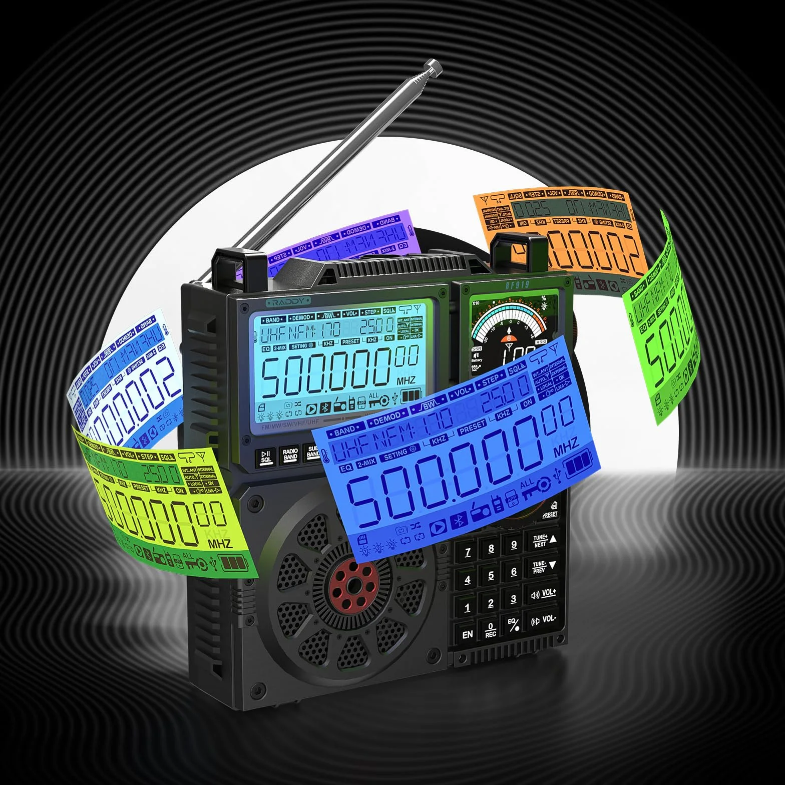 Radio krótkofalowe Raddy RF919 SSB, pełnozakresowy odbiornik FM AM SW VHF UHF AIR CB SSB, z tunerem antenowym, 3 portami anteny zewnętrznej, akumulatorem 5000mAh, gniazdem słuchawkowym