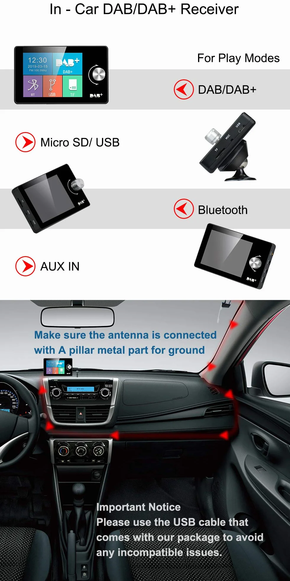 Przenośne radio cyfrowe DAB/DAB+, samochodowe, kolorowy wyświetlacz 2,8”, FM, Bluetooth, nieograniczone zapisy, zestaw głośnomówiący, wejście i wyjście AUX, czytnik kart TF 64 GB, ładowarka USB