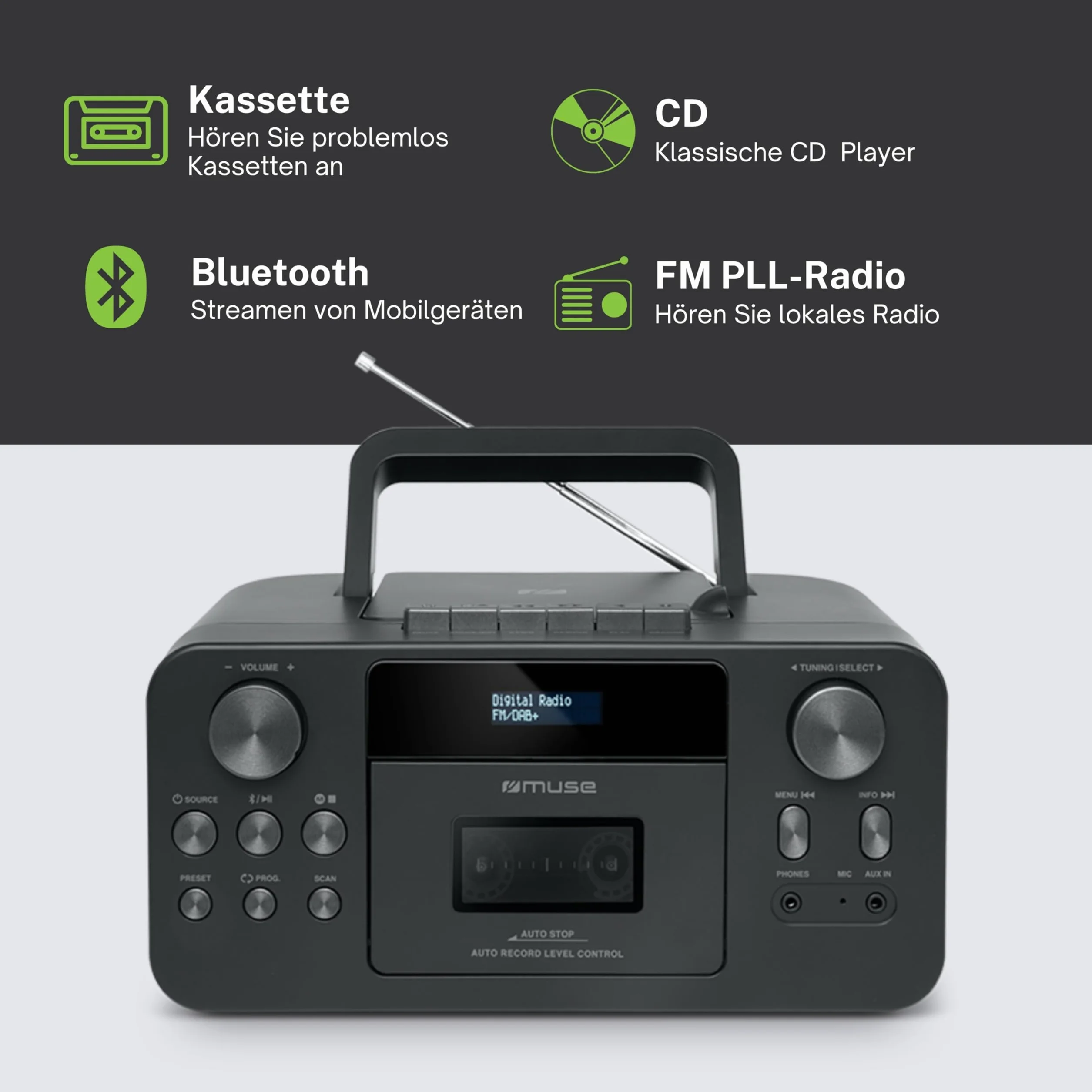 MUSE Przenośne radio DAB+ z odtwarzaczem CD Bluetooth, odtwarzacz kasetowy, UKW, wejście słuchawkowe, AUX-In, wyświetlacz LCD, strumieniowe przesyłanie muzyki, czarne (M-182DB)
