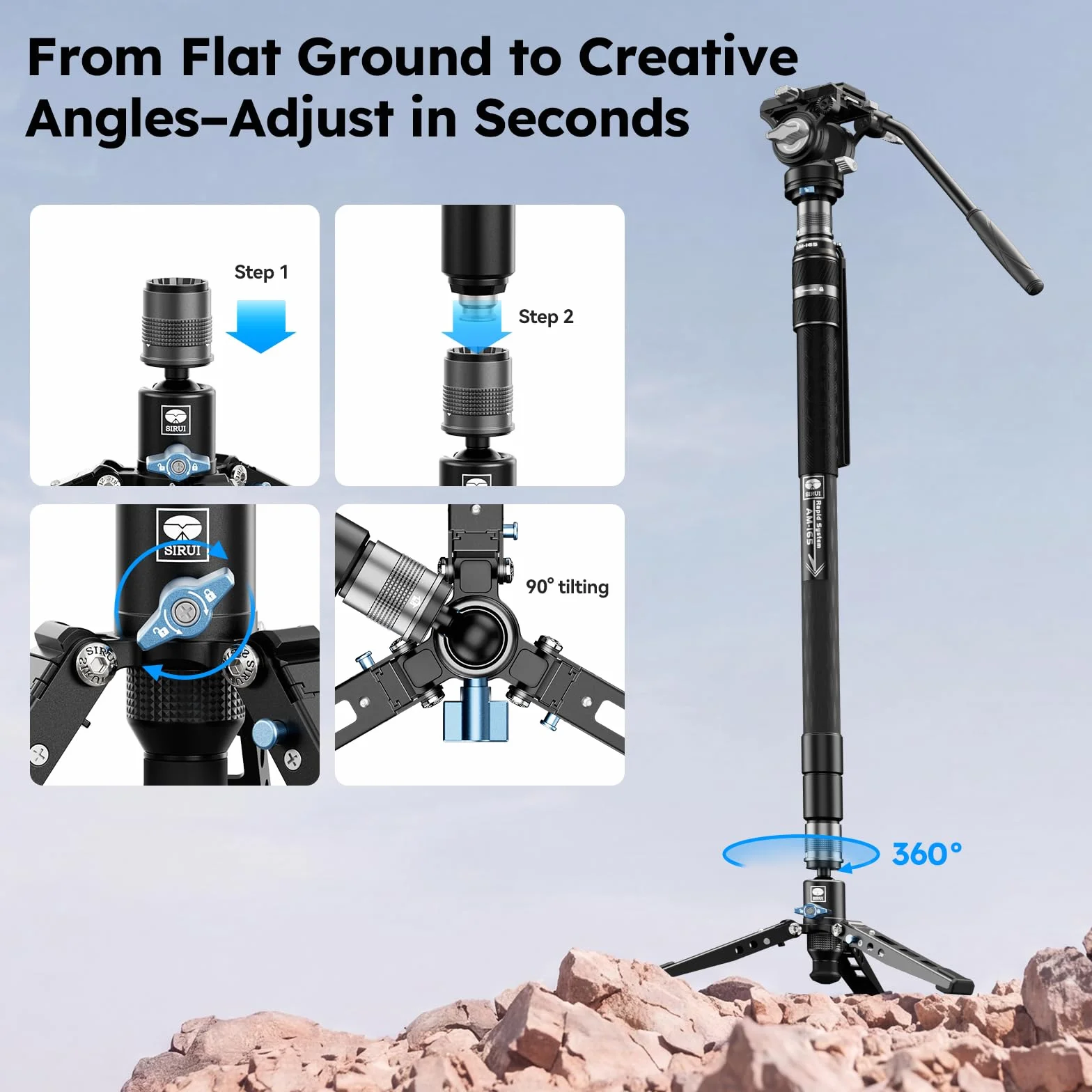 SIRUI Monopod wideo z włókna węglowego do aparatu, monopod 3 w 1 do głowicy płynu, maksymalna wysokość 165 cm, nośność 6 kg, głowica płynu do DJI RS i MFT 501