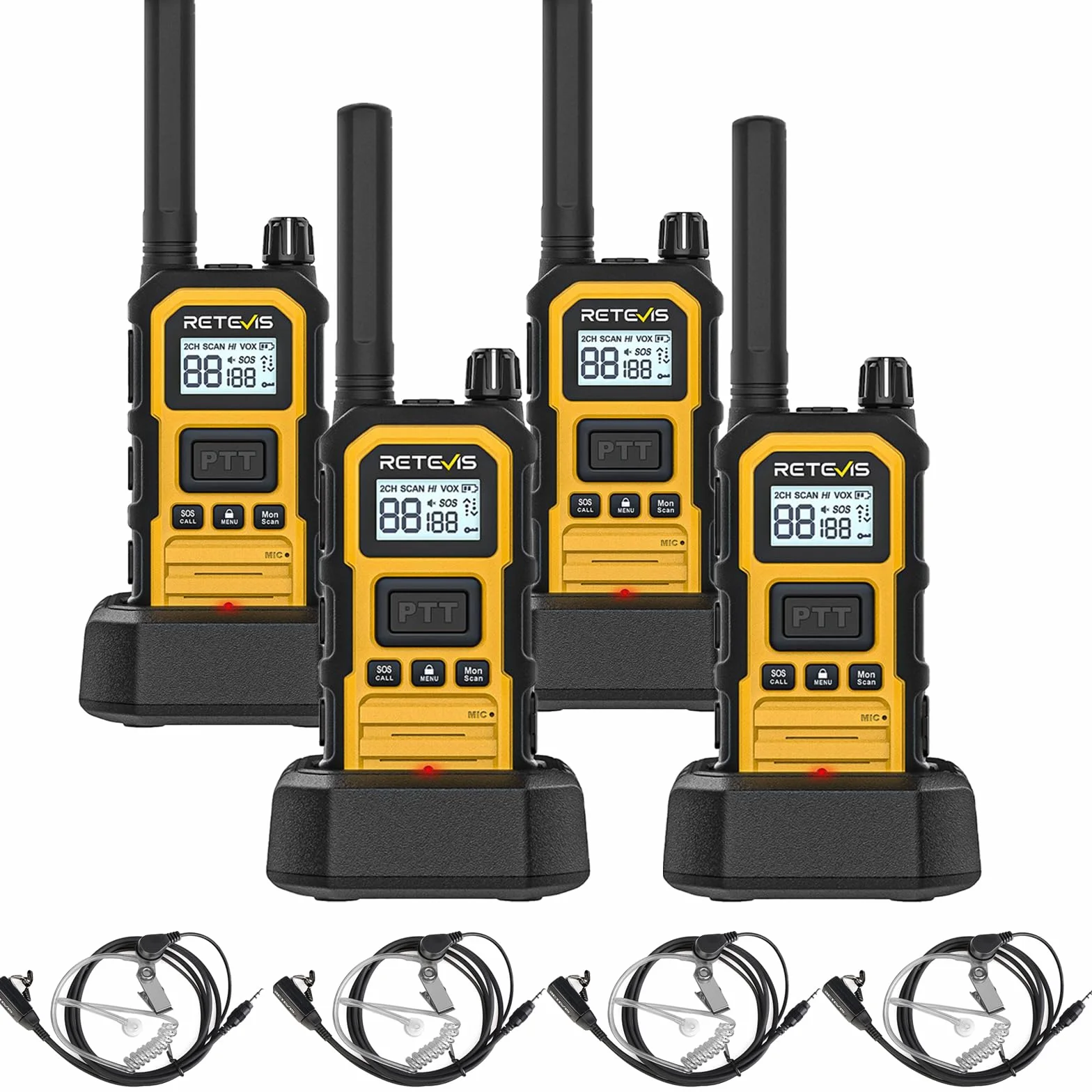 Retevis RB648 Plus Walkie Talkie o Dużej Mocy, IP67 Wodoodporne Radio Dwukierunkowe ze Słuchawkami, Połączenie Grupowe, 2000mAh, VOX, Profesjonalne Walkie Talkie dla Dorosłych, Produkcji(4 Szt. Żółty)