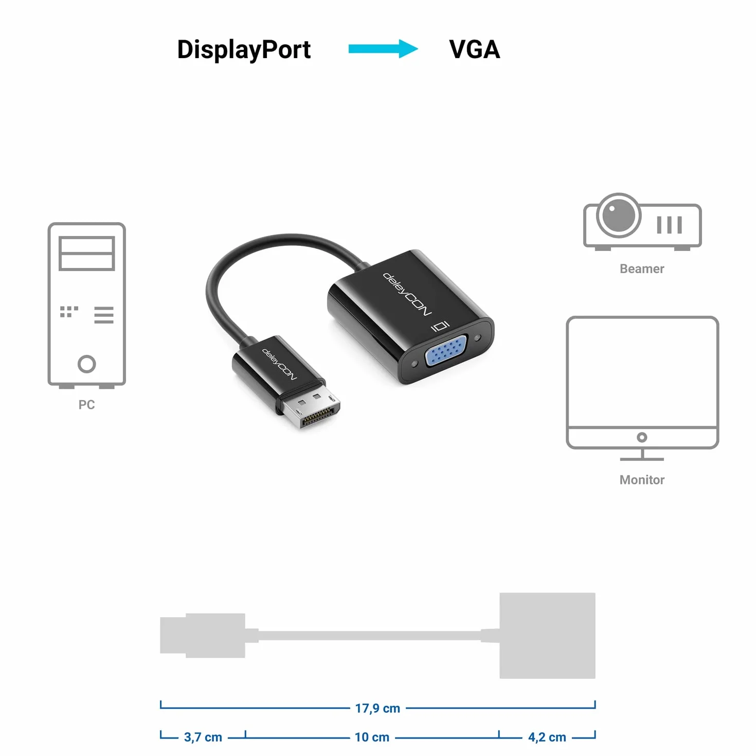 deleyCON Przejściówka DisplayPort na VGA - DisplayPort Męski na VGA Zeński - do Komputera PC Notebooka Monitora Projektora - Czarny