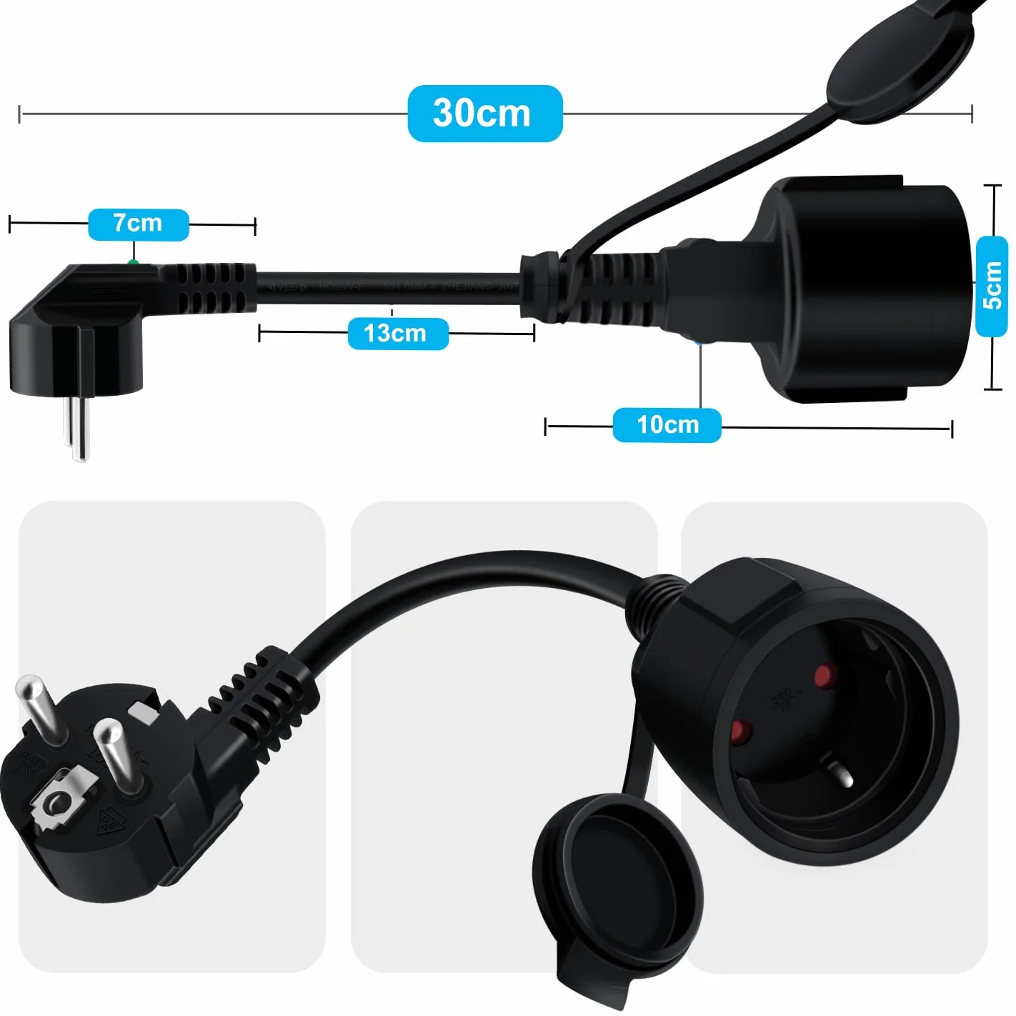 Przedłużacz Schuko 16A 250V 90° IP44 Czarny 0,3 m