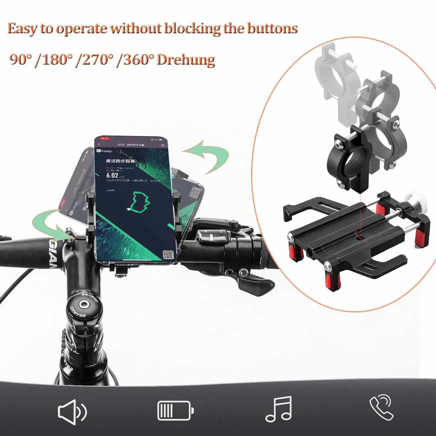 ROCKBROS Uchwyt na Telefon, do Smartfonów 4.2-6.8 cala, Obracany o 360 °, Odpowiedni do kierownic od 22.2 do 31.8 mm, Czerwony, Czarny, Pomarańczowy