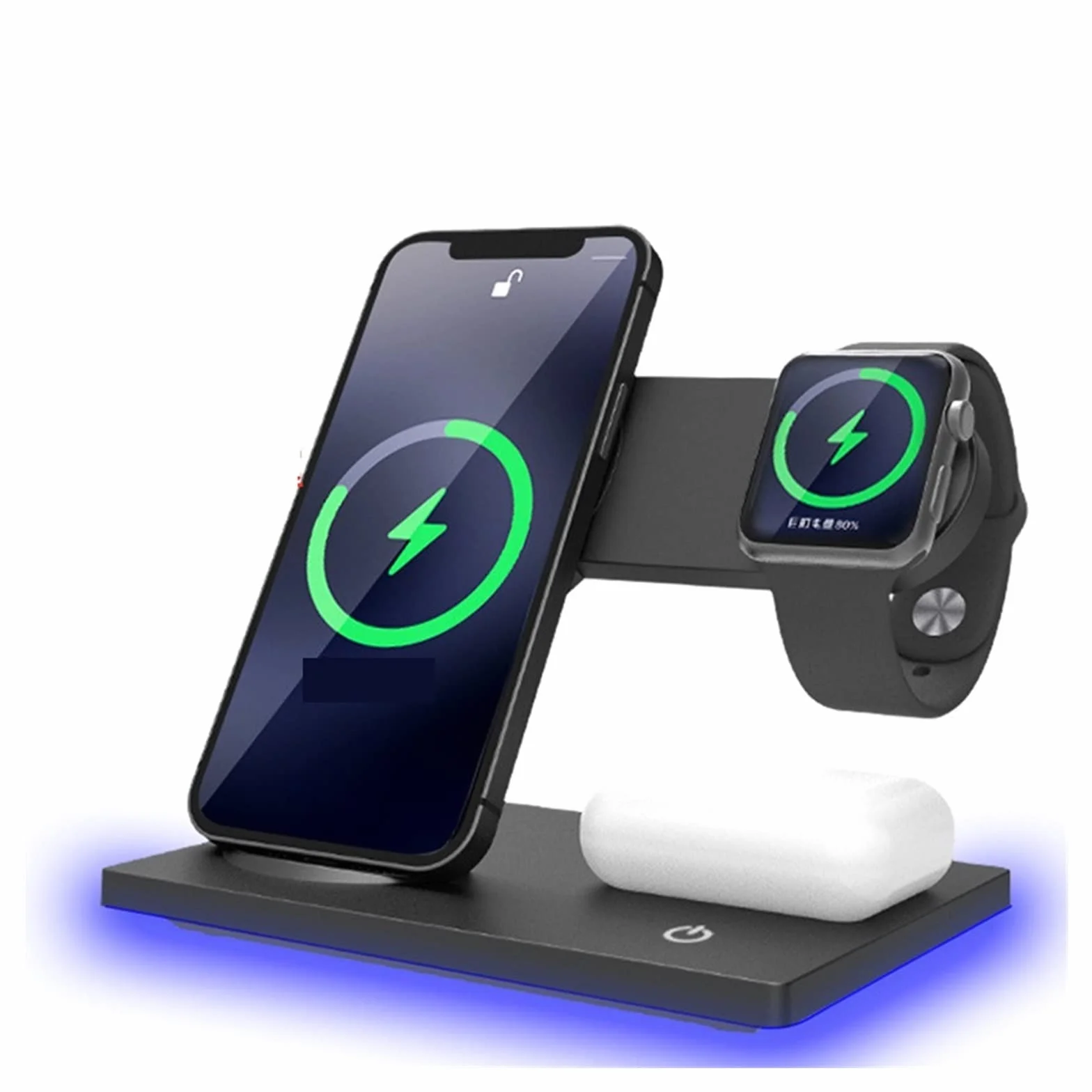 Ładowarka bezprzewodowa, Ładowarka bezprzewodowa 30 W 3 w 1 Podstawka ładująca indukcyjna do słuchawek do telefonu Zegarek Stacja szybkiego ładowania magnetycznego(Black with plug)