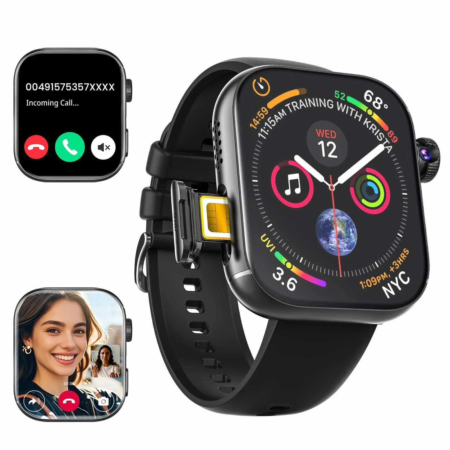 Smartwatch 4G z telefonem 2,1" AMOLED Touch, duży ekran, Smart Watch dla mężczyzn i kobiet, fitness, 1020 mAh, lokalizator GPS, gniazdo SIM, obrotowa kamera, monitor tętna, SOS rozmowy, zegarek