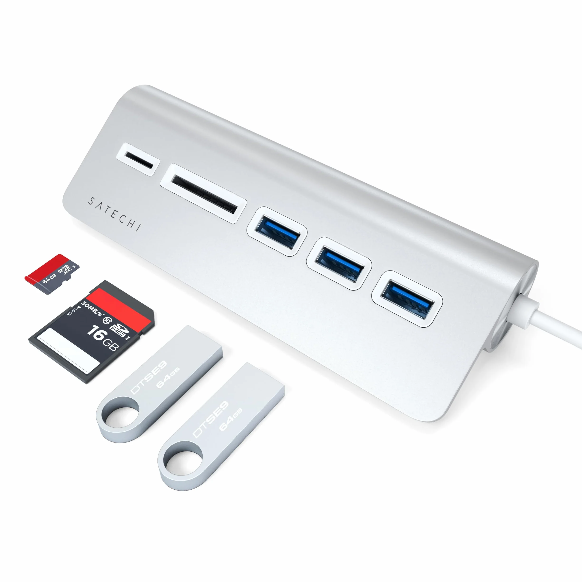 SATECHI biurkowy hub USB-C 5 w 1, 5 Gb/s, srebrny | 3 porty USB-A 5 Gb/s, USB-C i czytniki kart SD/microSD; bez funkcji ładowania; zgodność z MacBookiem Air/Pro/Neo