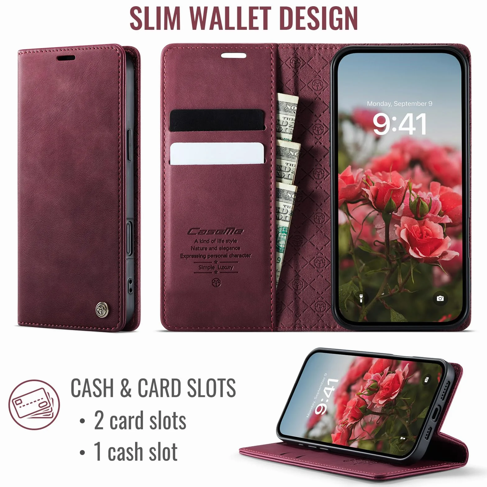 Etui Portfelowe do iPhone 16 Pro z Klapką Etui ze Skóry PU Premium Portfel Przegródki na Karty Mgnetyczne Funkcja Stojaka, Blokada RFID, Etui na Telefon iPhone 16 Pro, Czerwony
