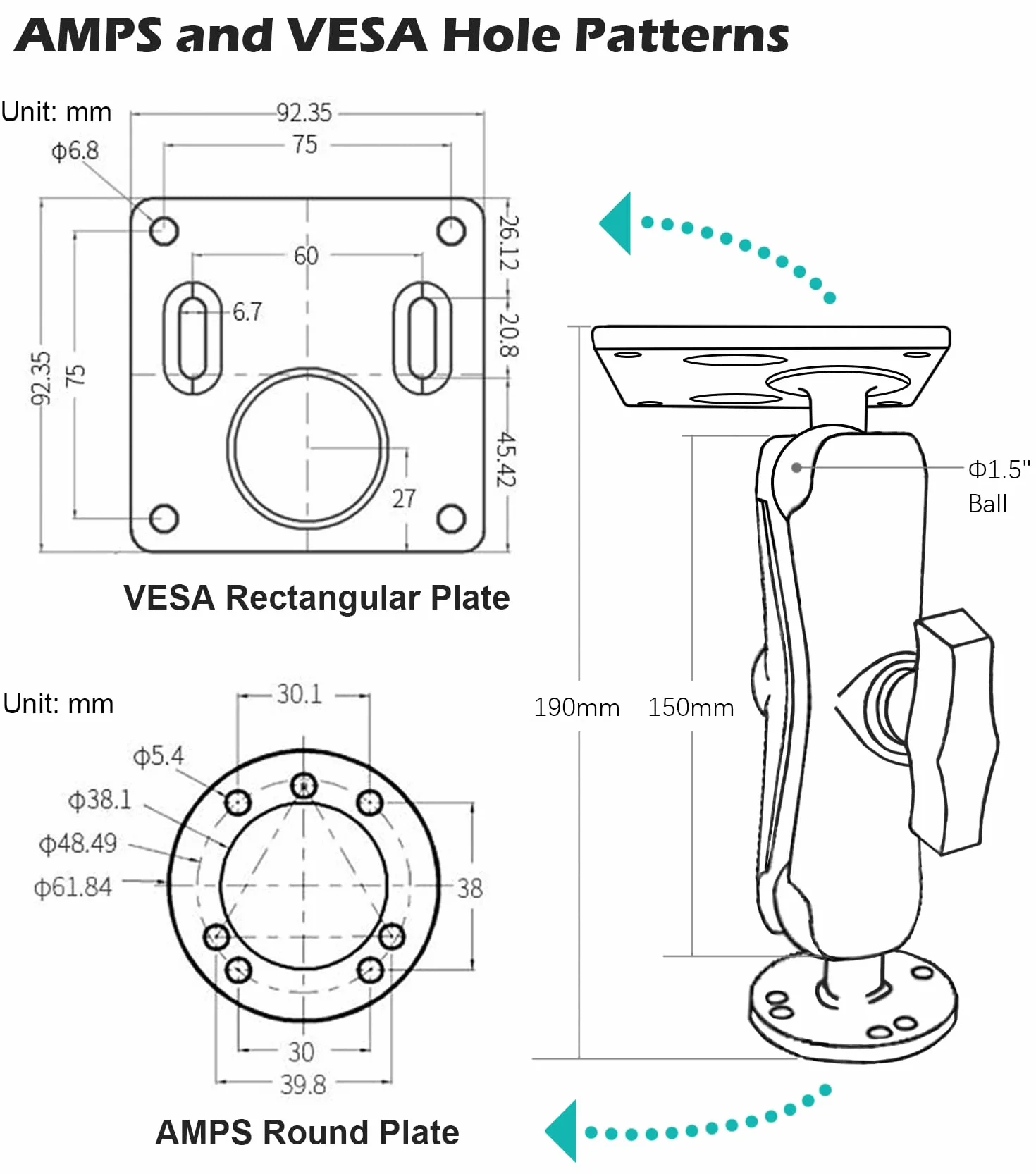 Aluminiowe ramię łączące 1,5" z płytą VESA, 75 x 75 mm, przemysłowy uchwyt do monitora, podwójne ramię z adapterem kulowym 38 mm/1,5 cala/C, obracane o 360°, kompatybilne z Ram Mounts