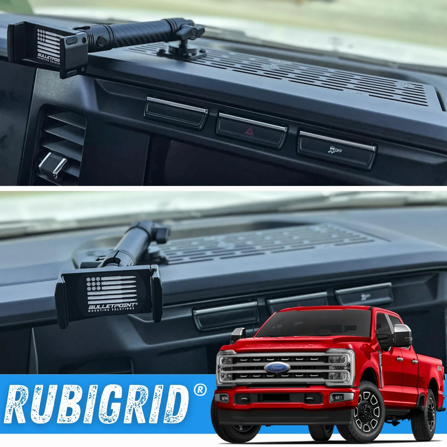 Bulletpoint RubiGrid metalowy uchwyt na deskę rozdzielczą, uchwyt na telefon, uchwyt na wiele urządzeń, kompatybilny z Ford Super Duty 2023+