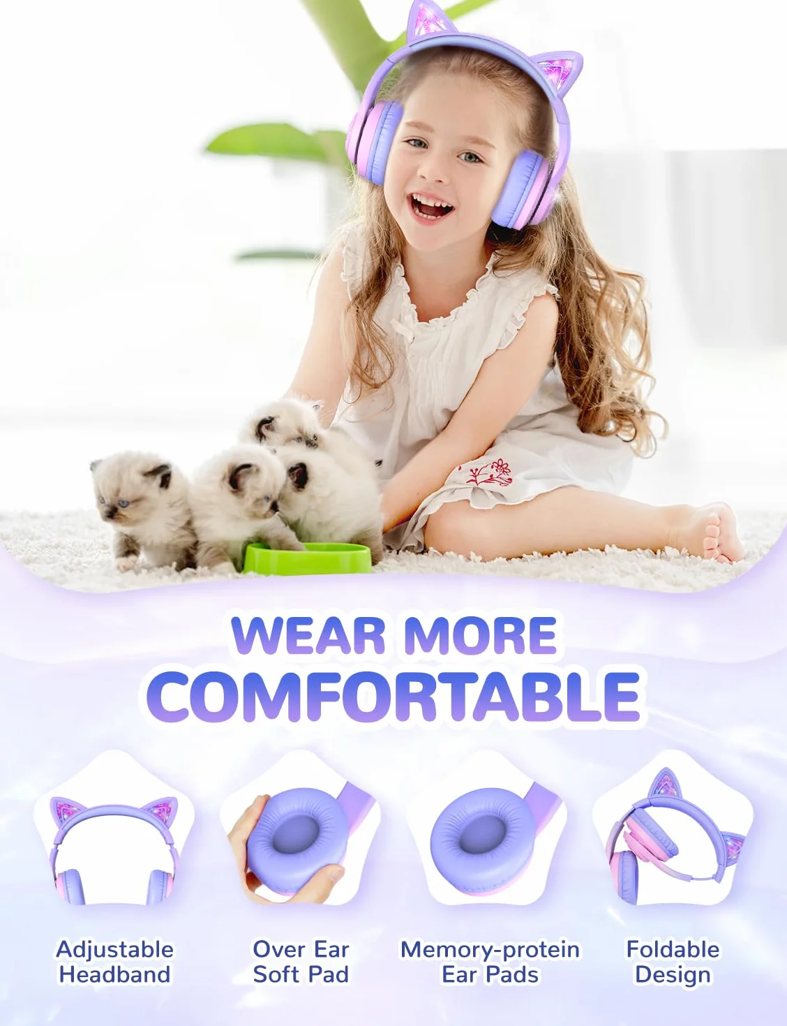 iClever Słuchawki Bluetooth dla dzieci, regulacja głośności 74/85 dBA, 50 godzin odtwarzania, Bluetooth 5.2, słuchawki dziecięce z mikrofonem, do szkoły, tabletu, telefonu komórkowego, komputera