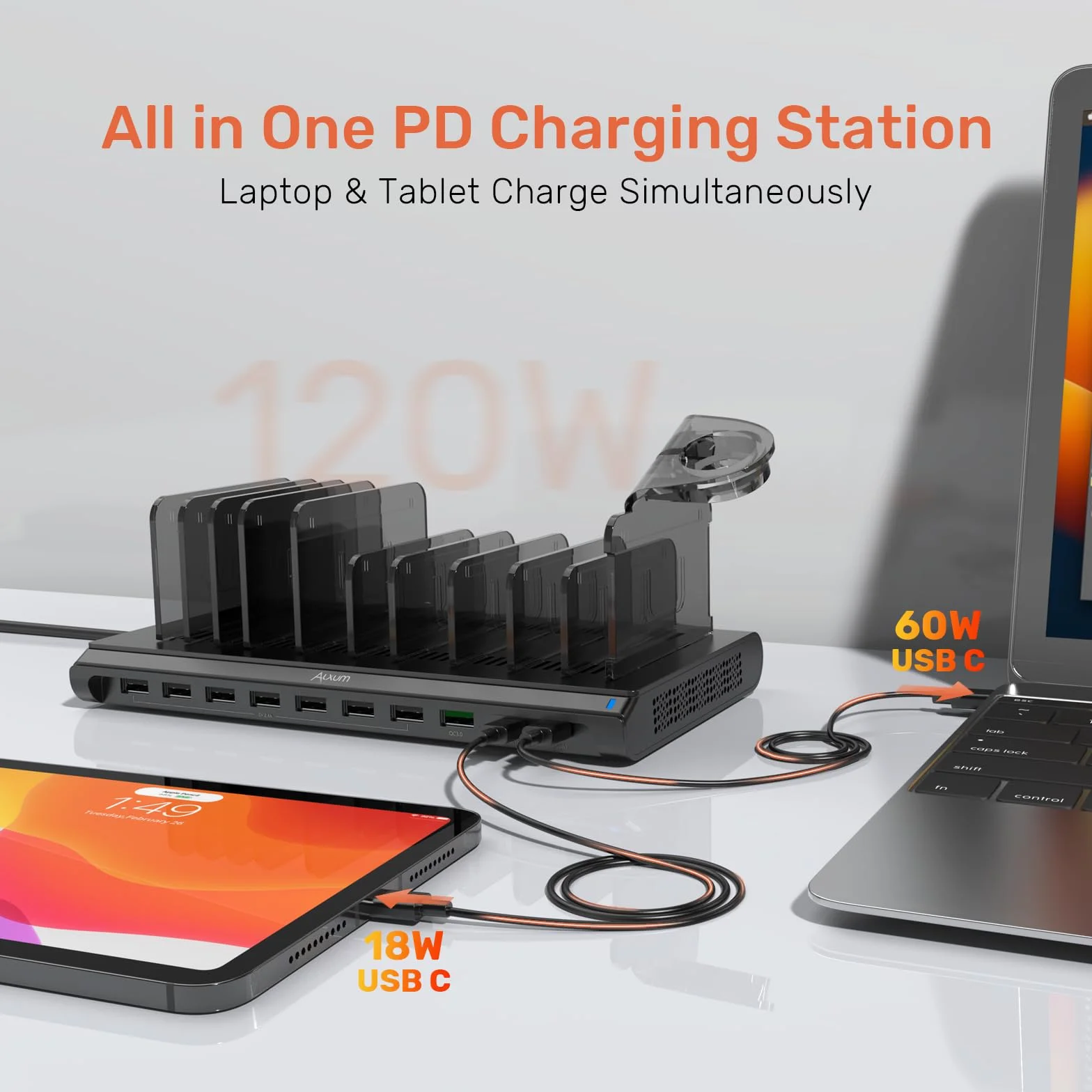 Alxum Stacja ładująca USB C z QC 3.0, 120W 10 Port Mutiple Charging Station z 60W 18W Dual PD Port dla laptopa, tabletu, telefonu, Pixel, i więcej