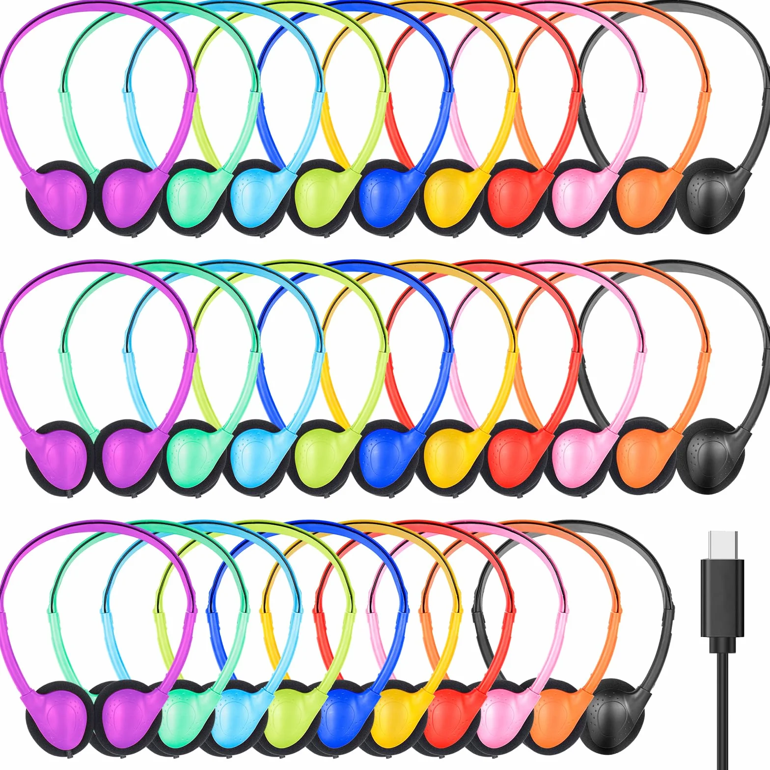 Słuchawki USB C, zestaw 30 sztuk, do klasy, szkoły, dzieci, przewodowe słuchawki typu C, kompatybilne z podkładkami, smartfonami, różne kolory (B)
