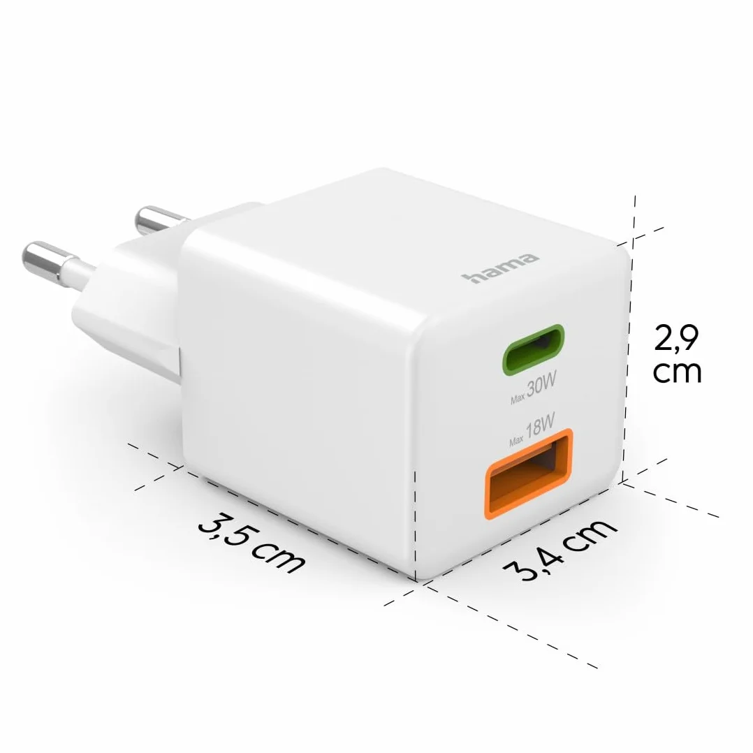 Hama Ładowarka sieciowa do telefonu 30 W (USB C, USB A, adapter do ładowania, Power Delivery, Ouick Charge, do ładowania) biała