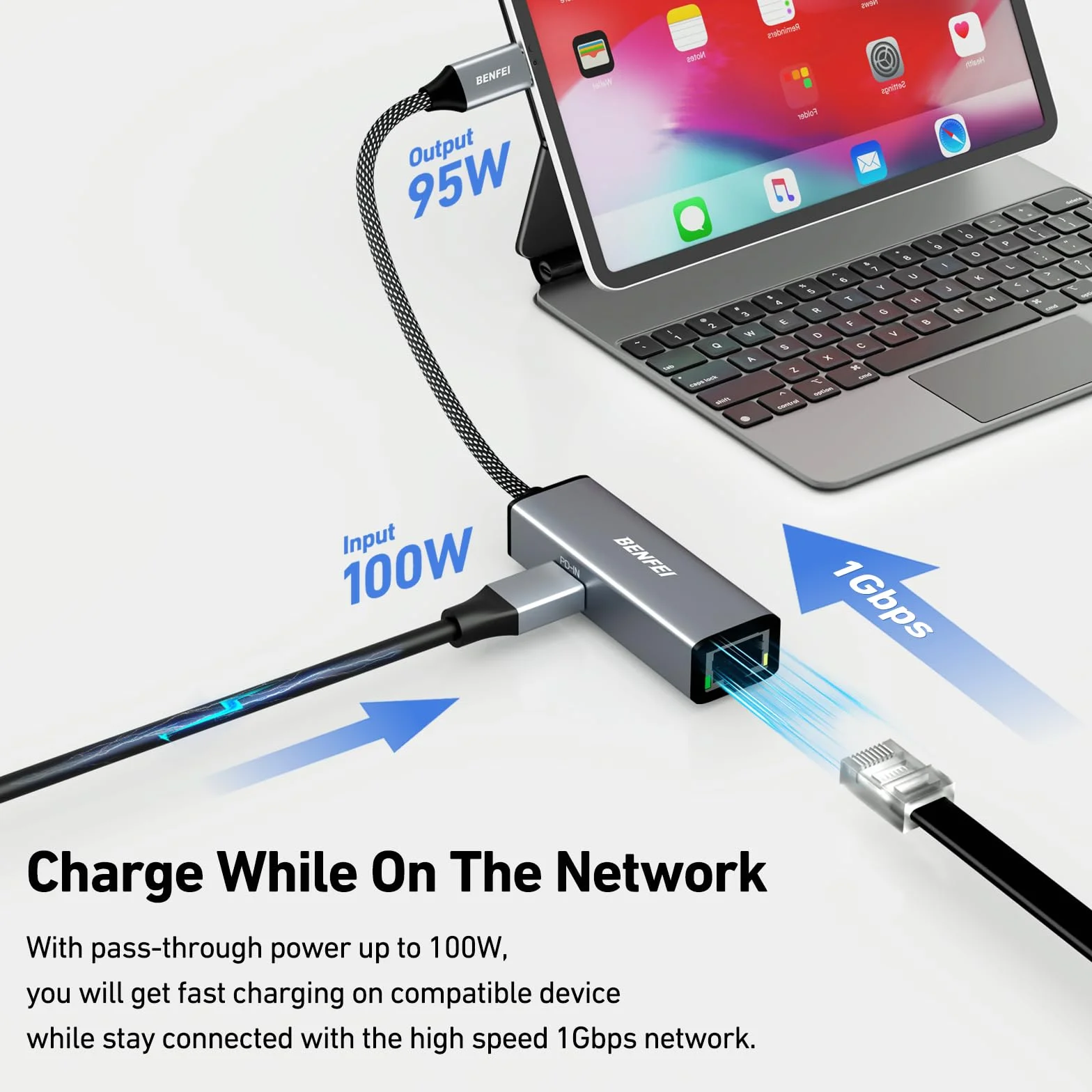 BENFEI Gigabitowy adapter USB-C na Ethernet z zasilaniem 100 W, adapter sieciowy Thunderbolt 3/4 na RJ45 Ethernet LAN, kompatybilny z iPhonem 15 Pro/Max, MacBookiem Pro/Air 2023, iMac