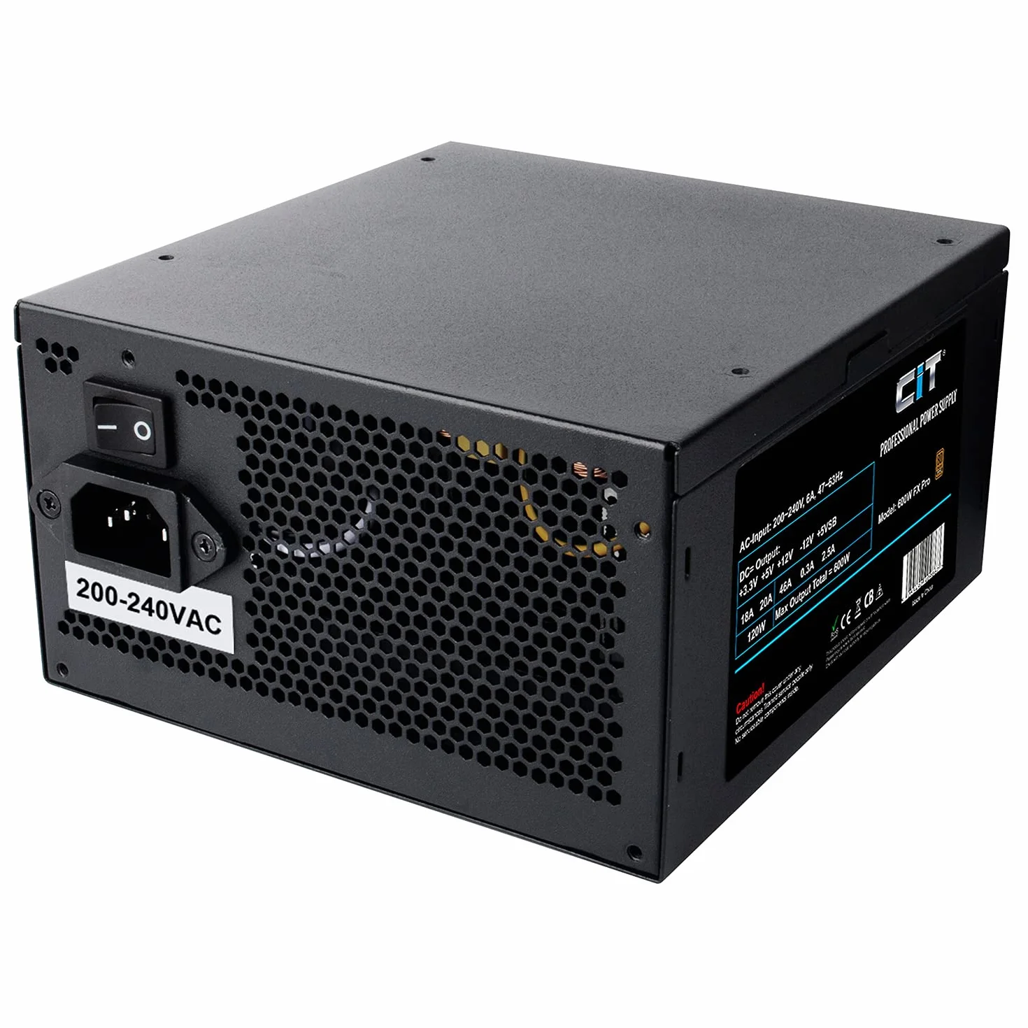 CiT Zasilacz FX Pro 600 W (bez kabla zasilającego), niemodułowy, APFC, japoński kondensator główny Tk, brąz 80 Plus, wydajność 88%, wentylator chłodzący 14 cm, dla profesjonalnych graczy | czarny