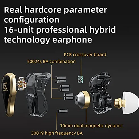 Linsoul KZ ZAS 7BA+1DD monitor douszny, słuchawki douszne HiFi Bas, słuchawki douszne do gier, hybrydowe słuchawki IEM z wbudowanym odłączanym kablem, dla muzyków audiofilskich (czarne, bez mikrofonu)