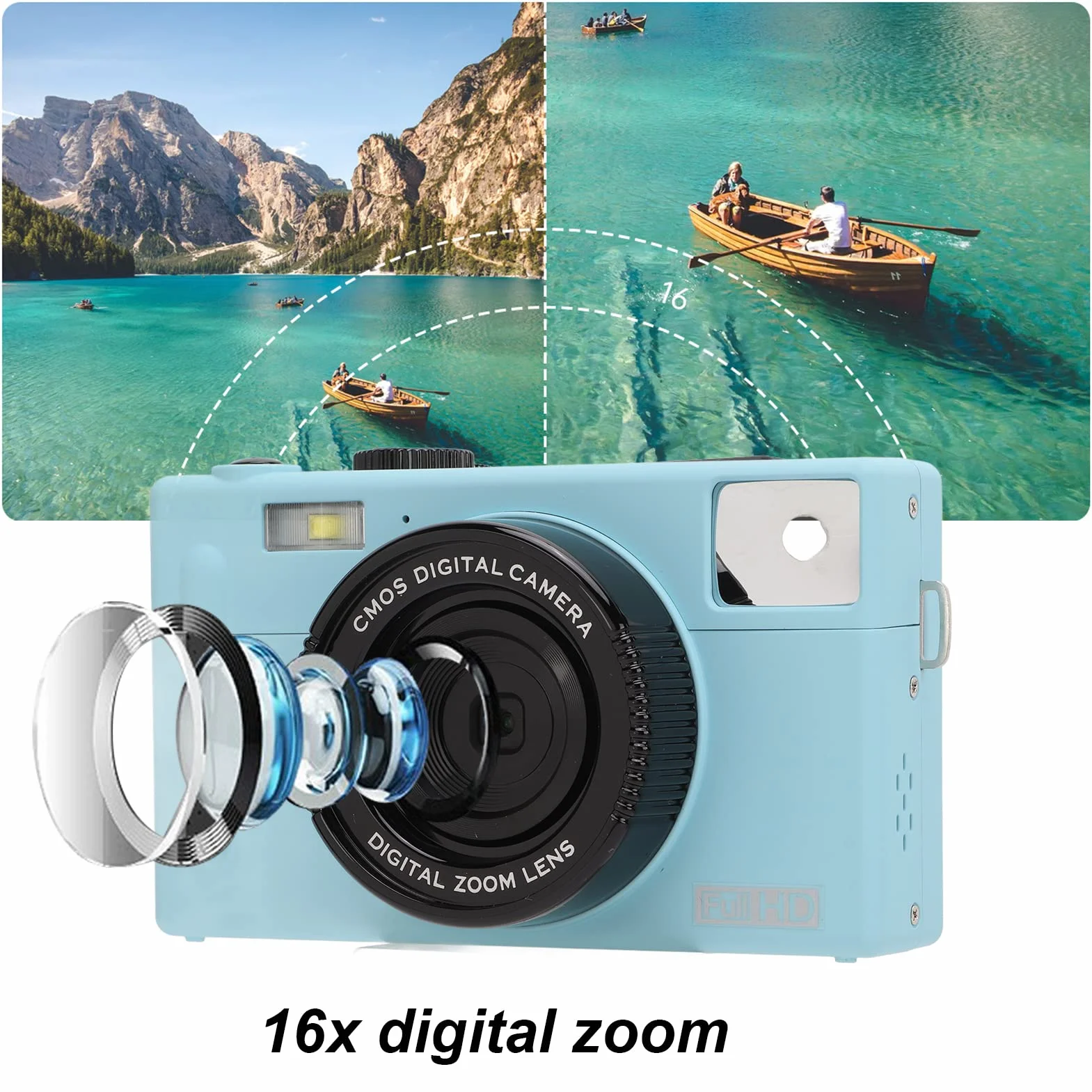 Aparat Cyfrowy, Kamera Full HD 1080P 24MP Vlogging z 16-krotnym Zoomem Cyfrowym, 3-calowy Ekran LCD, Akumulator, Kompaktowa Kamera Przeciwwstrząsowa dla Dorosłych, Dzieci