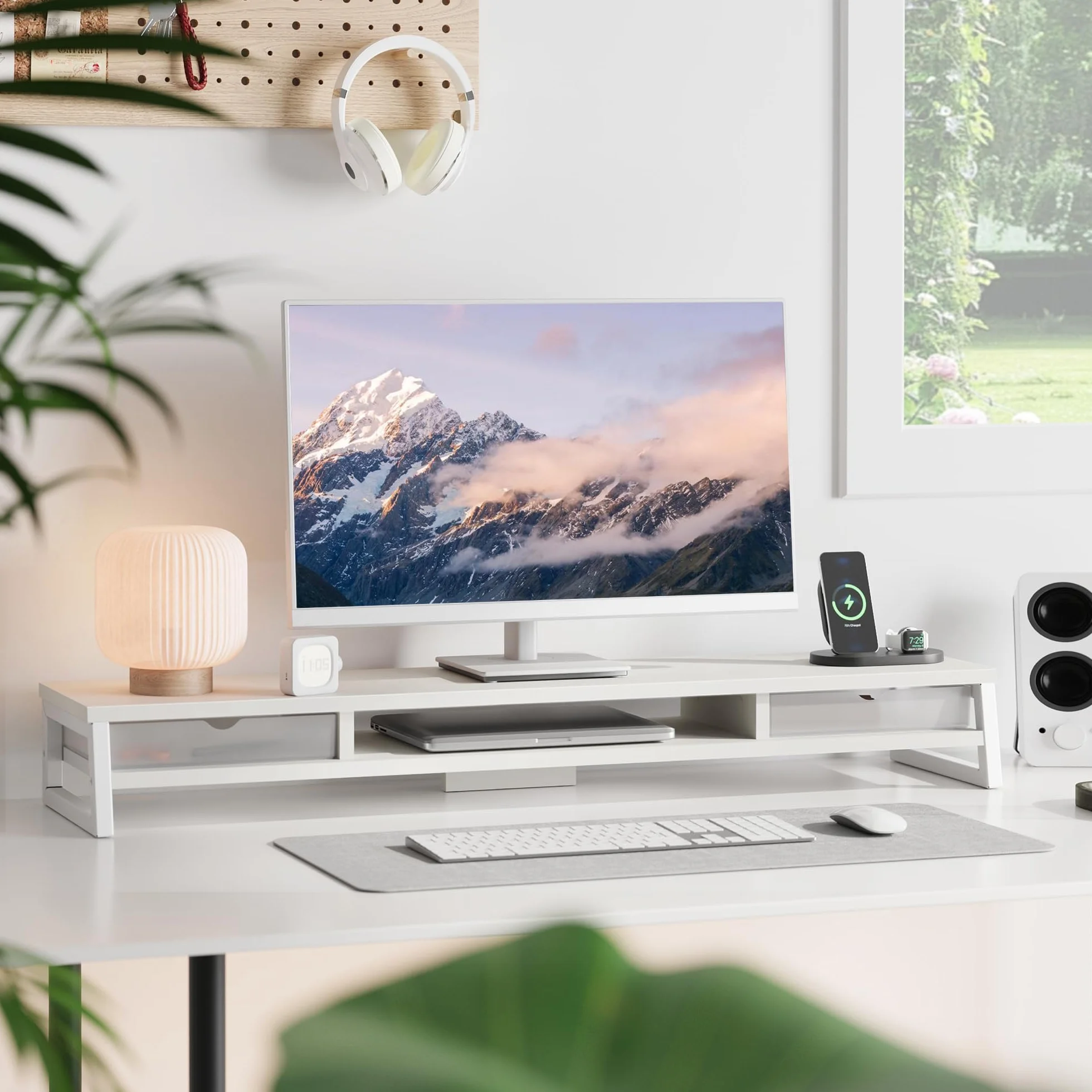 Fenge Podwójny stojak na monitor, riser, z 2 szufladami akrylowymi, 2 poziomy, 108 cm, stojak na ekran komputera / laptopa, faksu, drukarki, telewizora, nośność 45 kg (biała)