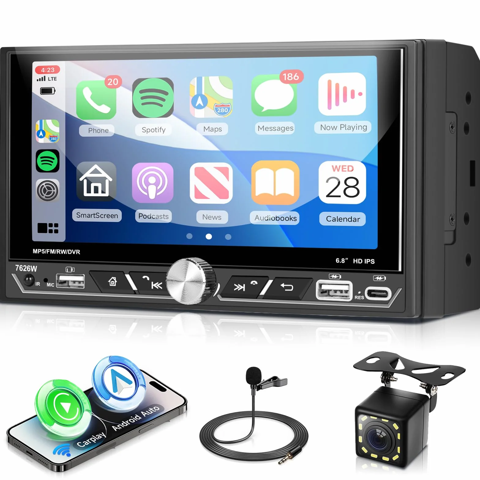 VECHTEL Radio samochodowe 2 Din z bezprzewodowym samochodem z funkcją Carplay z systemem Android, 6,8" IPS HD, ekran dotykowy stereo, samochody, obsługa Bluetooth 5.2 FM/AM/RDS 2USB / typ C Mirror