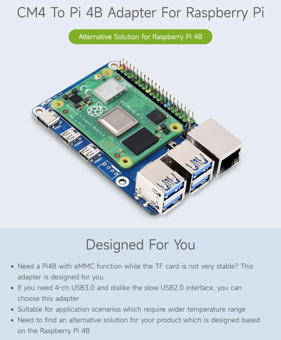 Waveshare CM4-to-Pi4-Adapter for Raspberry Pi CM4, Alternative Solution for Raspberry Pi 4B(Can be used as Pi 4B by combining the adapter with CM4)