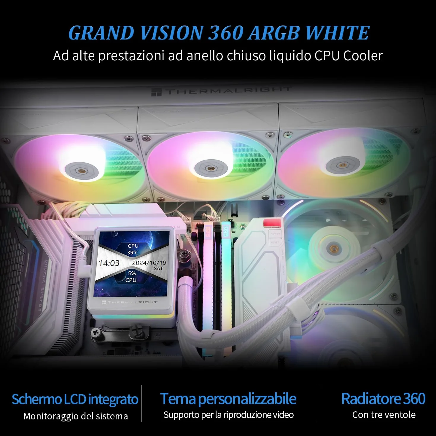 TR Grand Vision 360 ARGB biały CPU AIO Cooler, PC 360 system chłodzenia wodą, wyświetlacz IPS LCD o rozdzielczości 480 x 480 i 3,4 cala, do AM4/AM5 i Intel LGA1700/1851, wysoka pompa